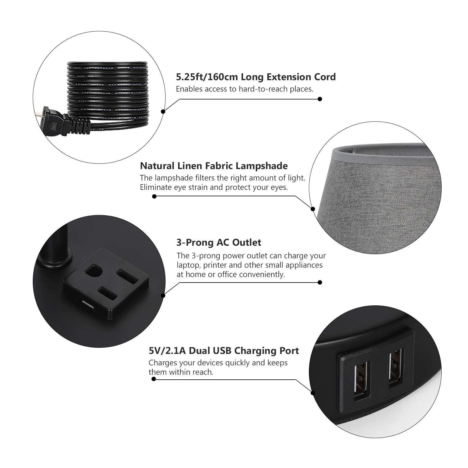 Modern USB Bedside Table Lamps with 2 Charging Ports & AC Outlet - Set of 2 LED Nightstand Lamps for Bedroom, Living Room, Study - Perfect for Reading, Working & Charging Devices