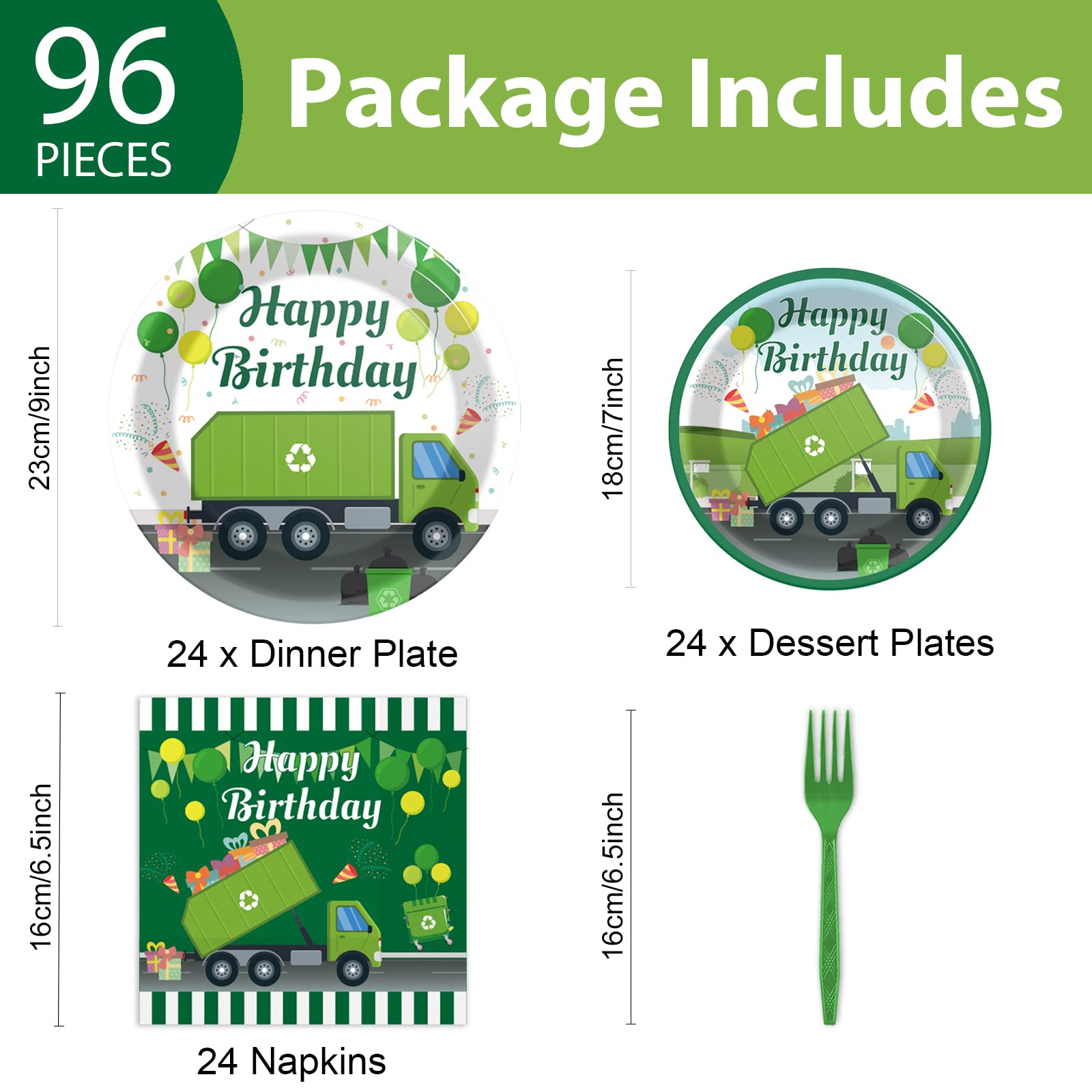 96-Piece Garbage Truck Themed Birthday Party Supplies Set - Includes Plates, Napkins & Tableware for 24 Guests | Waste Management & Recycling Theme Decor for Kids Birthday, Baby Shower & Truck-Themed Events | Perfect for Indoor & Outdoor Celebrations