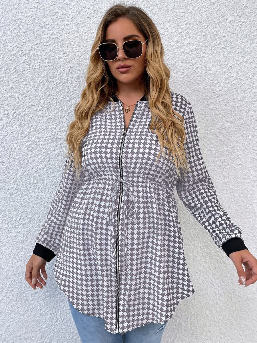 TINMIIR Women's Plus Size Houndstooth Overcoat with Drawstring Detail & Baseball Collar - Light Grey 1XL | Stylish Winter Coat for Office, Dating & Casual Outings