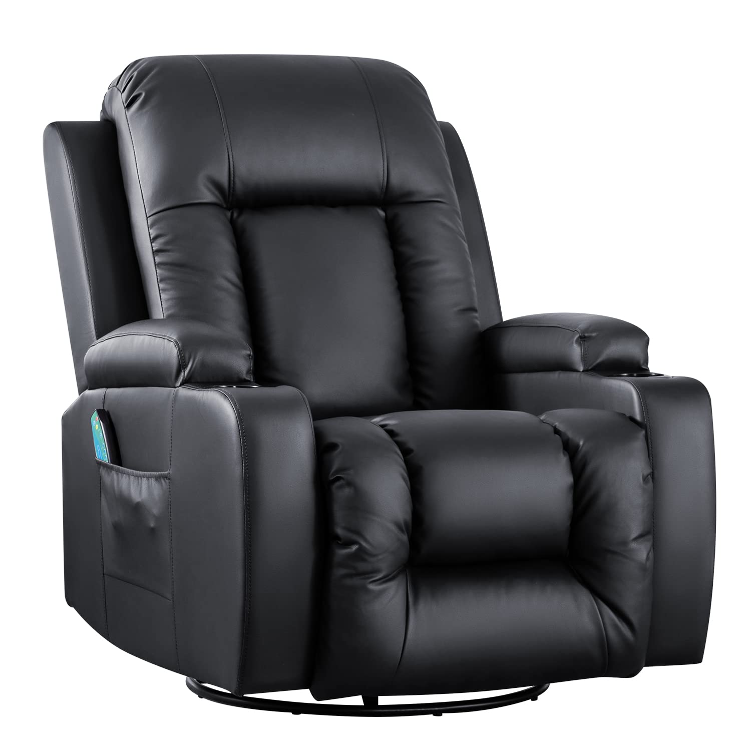 JOMEED 360° Swivel Heated Massage Recliner Chair - PU Leather Rocking Recliner Sofa with Vibration & Cup Holders for Living Room, Home Theater, and Office Relaxation