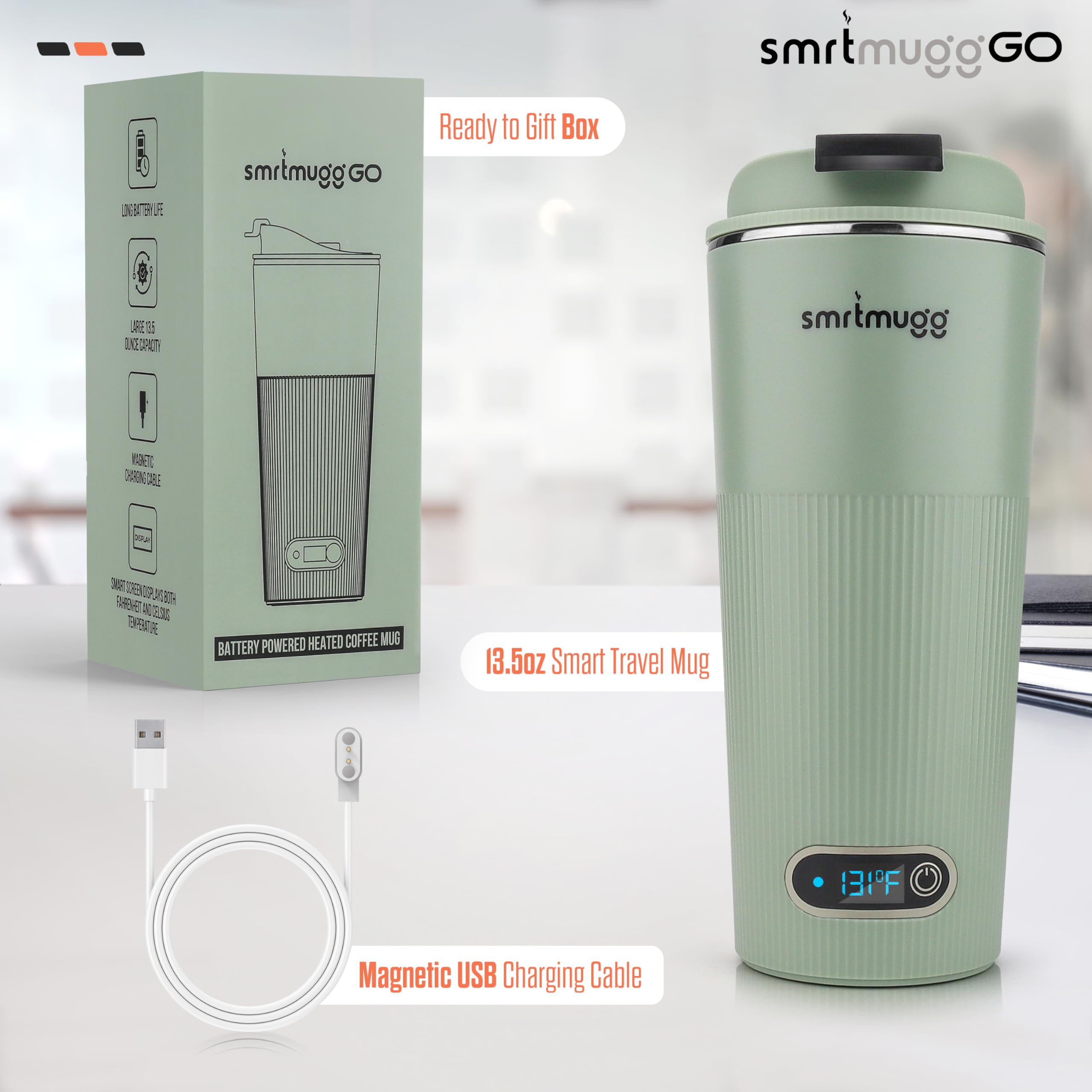 GO Smart Heated Coffee Mug 13.5oz - Battery Powered Travel Mug with Magnetic Charging - Keeps Coffee & Tea Warm for Hours - Perfect for Office, Commute & Outdoor Use (Mint Green)