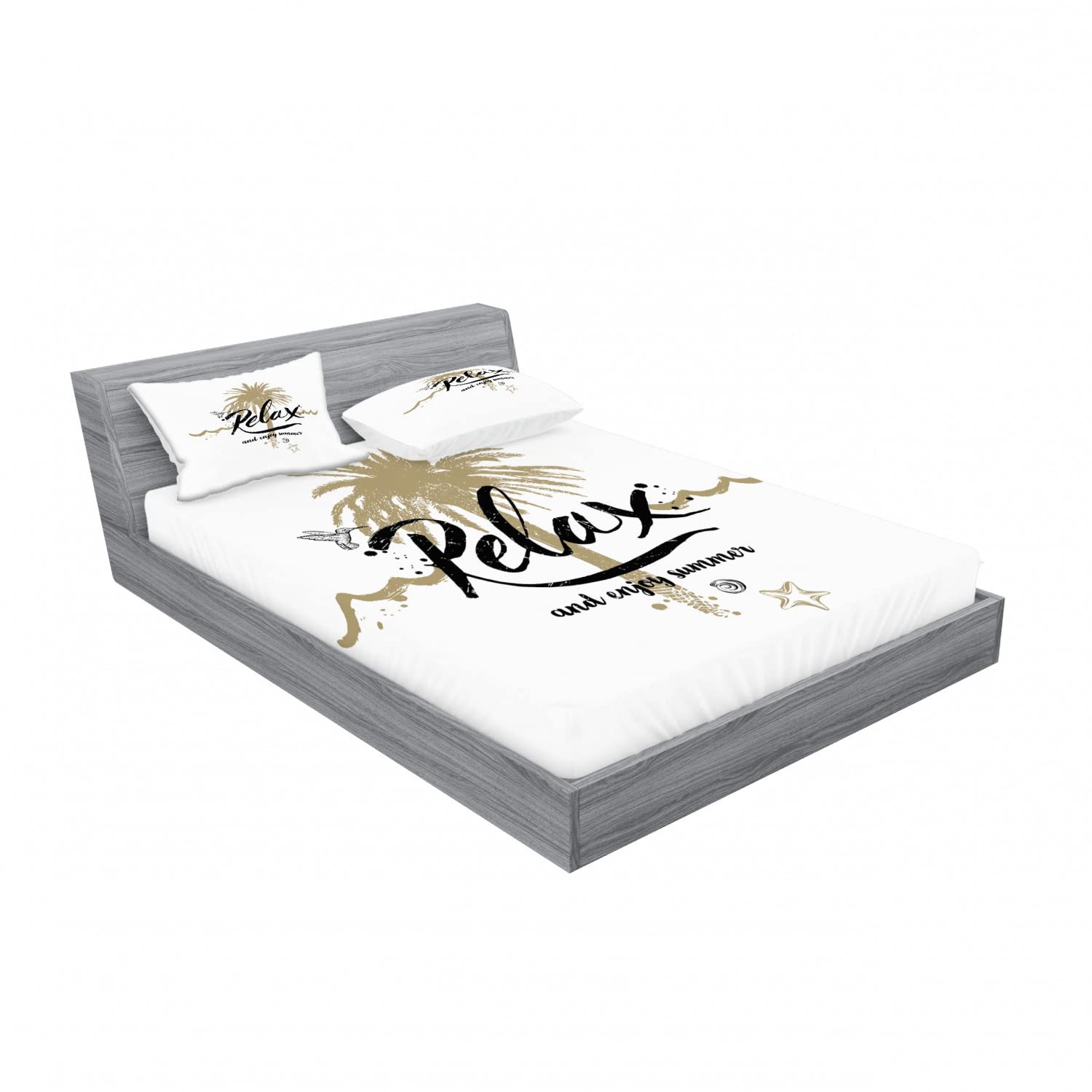 Ambesonne 2-Pack Queen Size Fitted Sheet & Pillow Sham Set - Tropical Summer Theme Bedding Decor (4-Piece Set: 2 Fitted Sheets + 4 Pillow Covers) in Camel, Black & White | Perfect for Beach House, Vacation Rental & Summer Bedroom Makeover