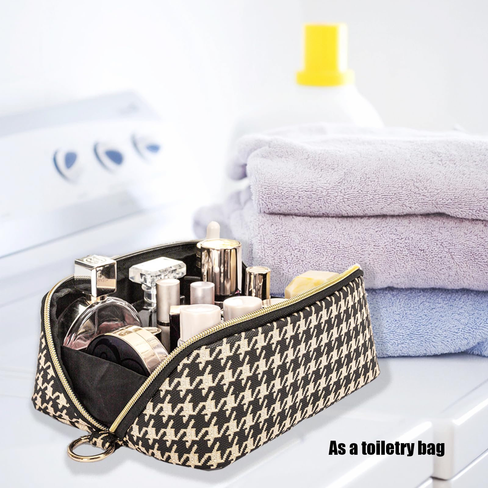 Houndstooth Checkered Makeup Bag - Travel Makeup Organizer & Toiletry Pouch for Brushes, Cosmetics & Travel Essentials (Black Brown) | Perfect for Vacations, Gym, Weekend Getaways & Daily Use