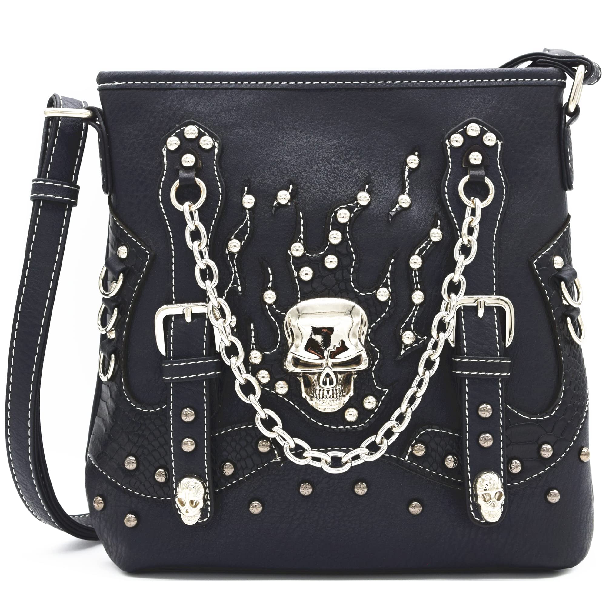 Stylish Sugar Skull Day of the Dead Crossbone Metallic Purse - Gothic Skeleton Leather Crossbody Bag for Women | Perfect for Halloween, Dia de los Muertos & Rock Concerts