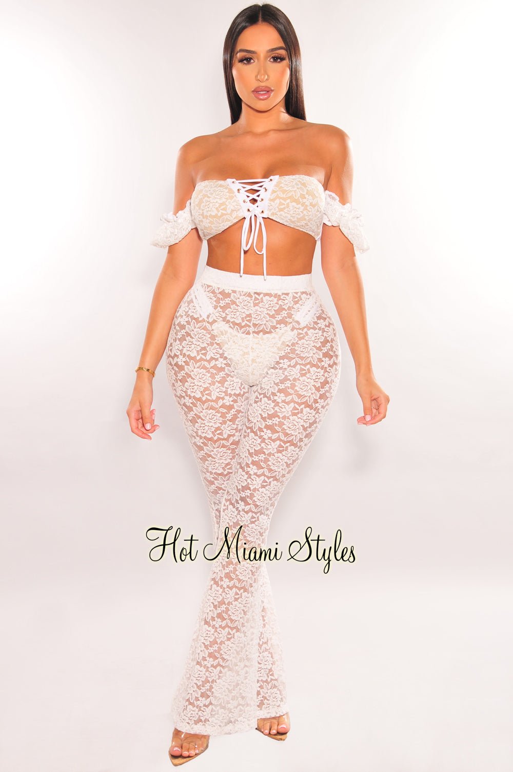Elegant White Floral Lace High Waist Flare Pants - Sheer Cover Up Beach Pants for Women, Perfect for Summer Vacation, Beach Party and Boho Style Outfits