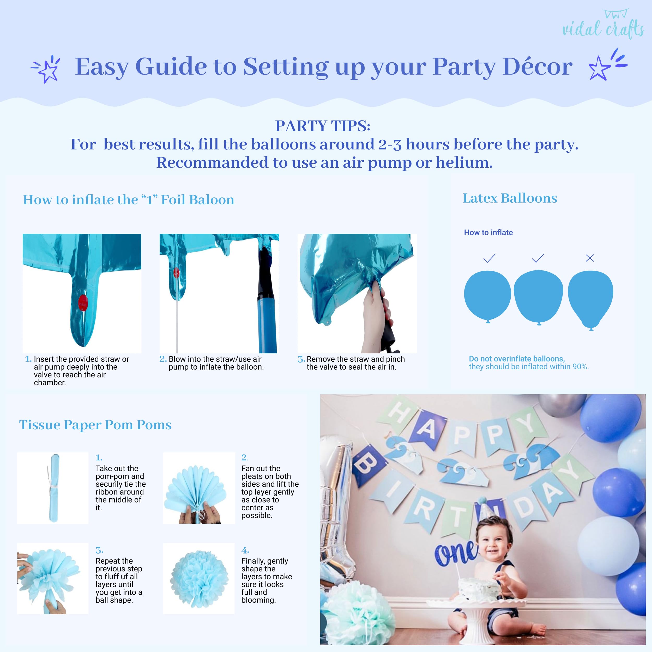 VIDAL CRAFTS 1st Birthday Party Decorations Set for Boys - High Chair Banner, Balloons, Paper Flowers & Cake Topper - Baby Boy's First Birthday Supplies - Perfect for 1 Year Old Birthday Parties, Photo Shoots & Nursery Decorations