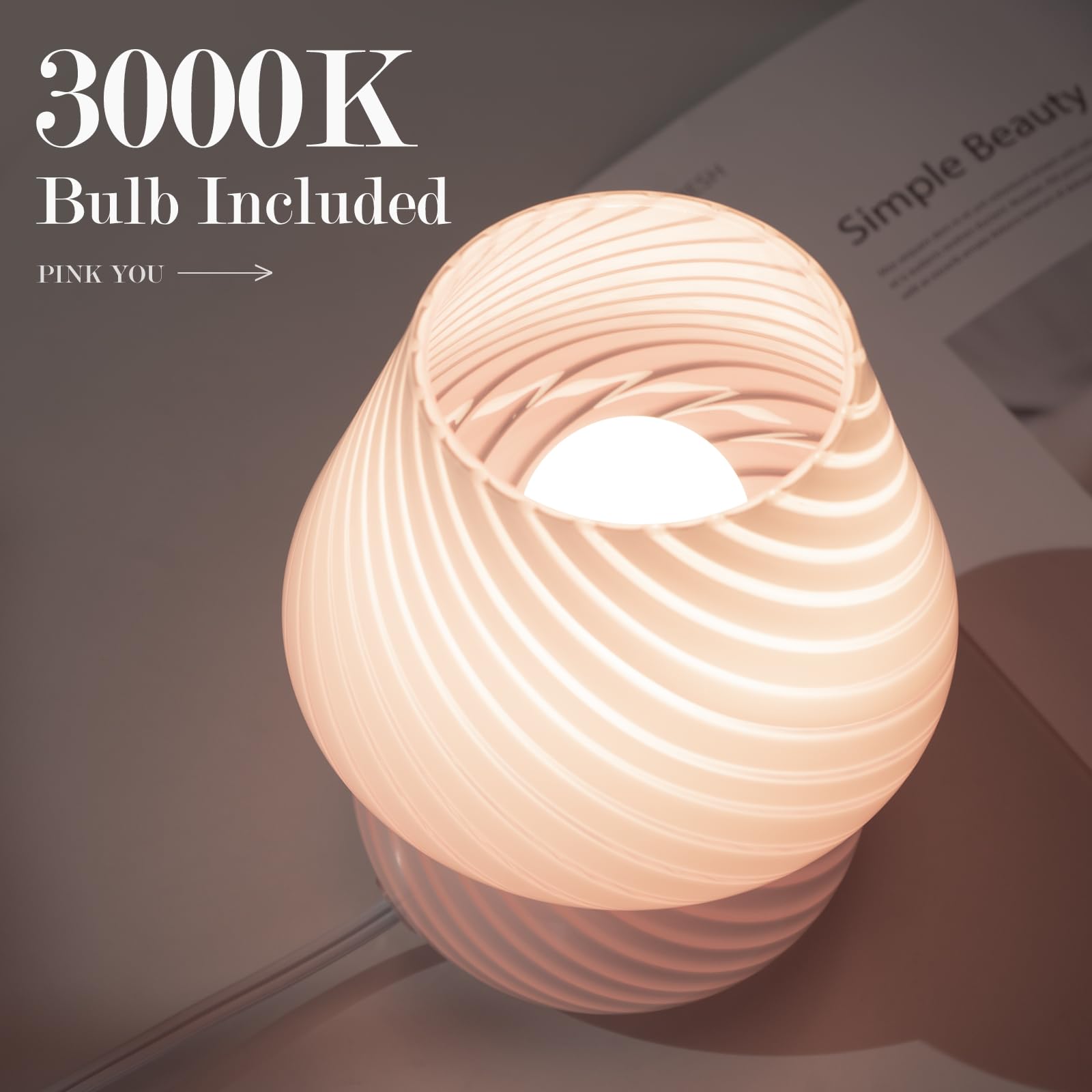 ONEWISH Mushroom Lamp - Small Striped Glass Bedside Table Lamp for Bedroom, Living Room, Cafe, Home Decor for Girls & Women, Pink - Perfect for Nightstands, Dorm Rooms, and Cozy Corners