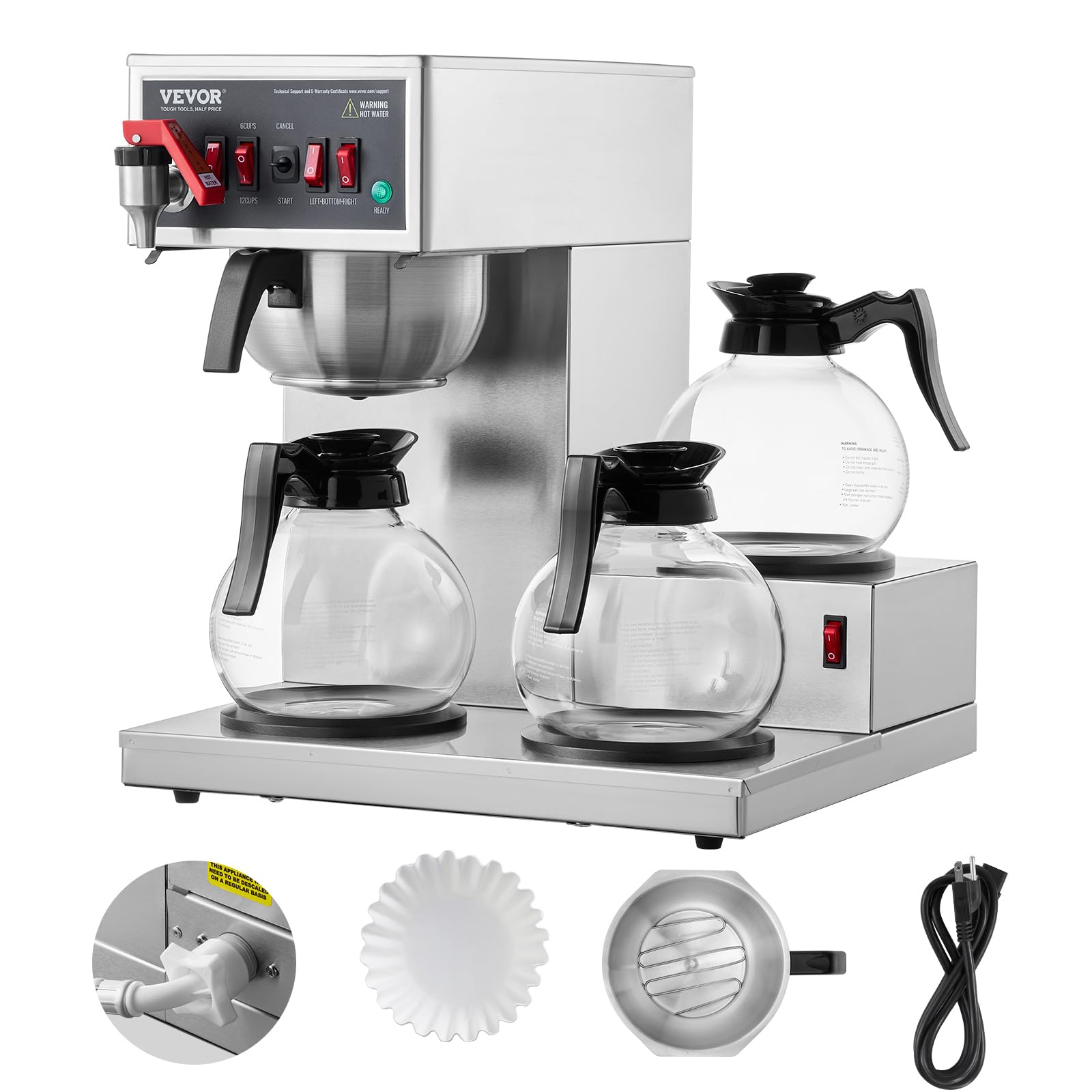 VEVOR 12 Cup Commercial Drip Coffee Maker with 3 Glass Carafes & Warmer Plates - Stainless Steel Automatic Coffee Machine for Restaurants, Offices & Cafes - Perfect for High-Volume Brewing & All-Day Service