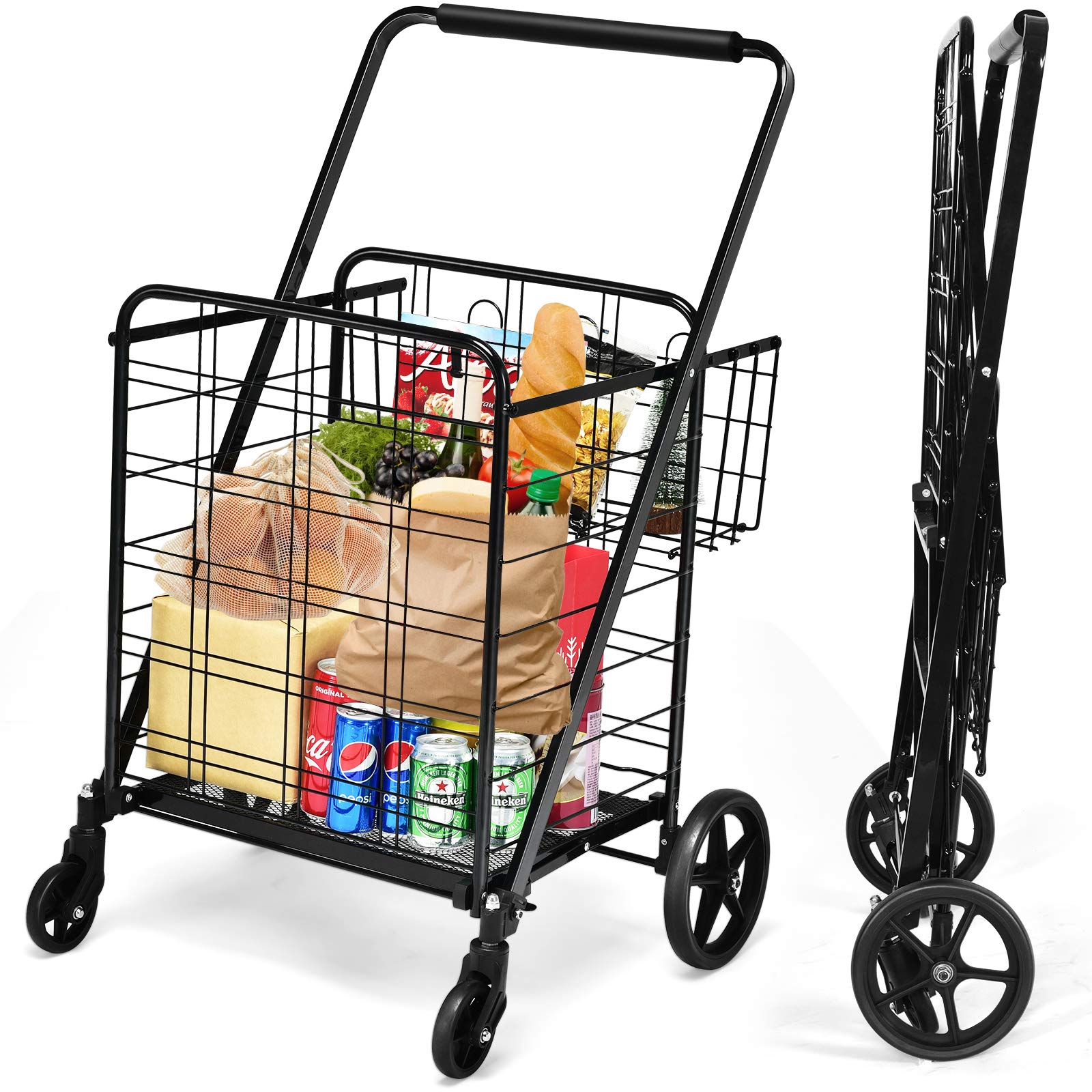 Goplus Folding Shopping Cart - Heavy Duty Jumbo Double Basket Utility Cart with 360° Swivel Wheels, 330lbs Capacity - Portable Grocery Cart for Laundry, Shopping, Supermarket & Warehouse Use