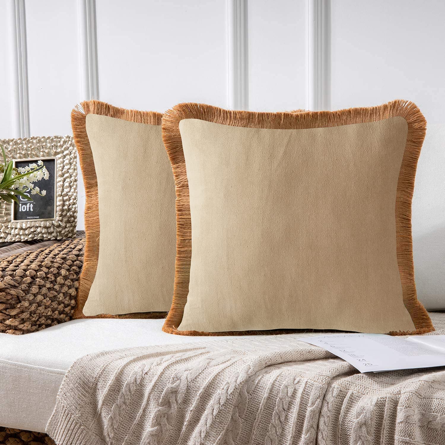 Merrycolor 18x18 Inch Farmhouse Throw Pillow Covers Set of 2 - Beige Square Decorative Cushion Covers with Tassels for Sofa, Couch & Bed | Perfect for Living Room, Bedroom & Home Decor