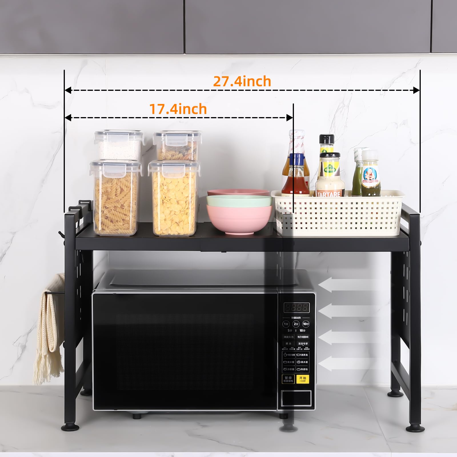 2-Tier Extendable Microwave Oven Rack - Adjustable Kitchen Countertop Shelf with 4 Hooks & Pot Lid Holder - Space Saving Organizer for Small Kitchens & Apartments - Black
