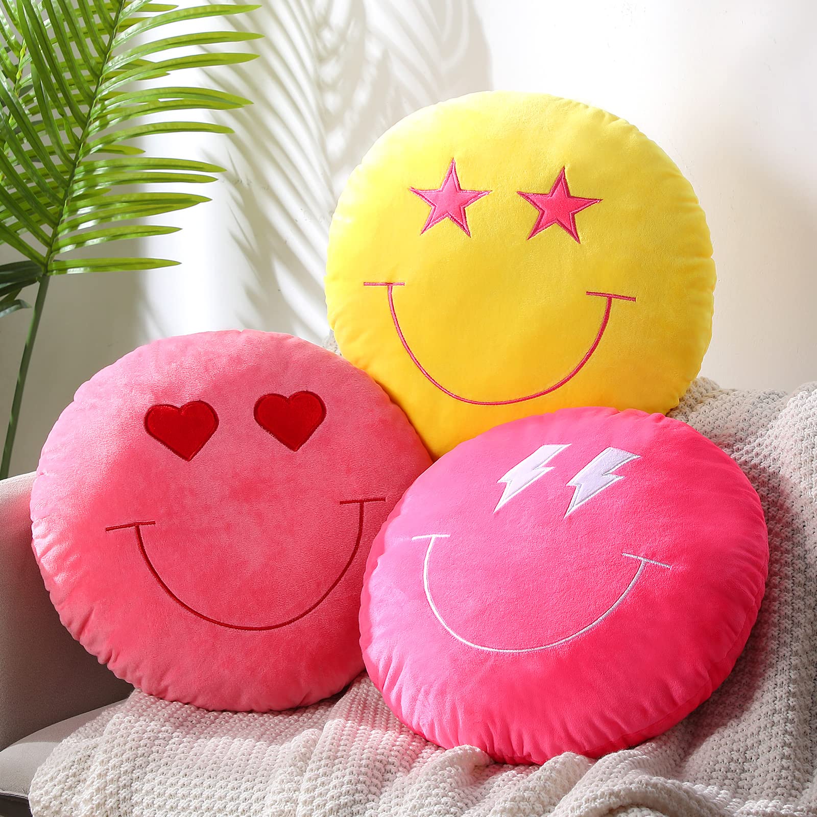3D Embroidered Round Face Emoticon Plush Pillow Set - 3 Pack 16 Inch Cute Stuffed Throw Cushions for Bed, Sofa, Couch & Car Decor - Soft Floor Pillows for Home, Office & Dorm Room Comfort