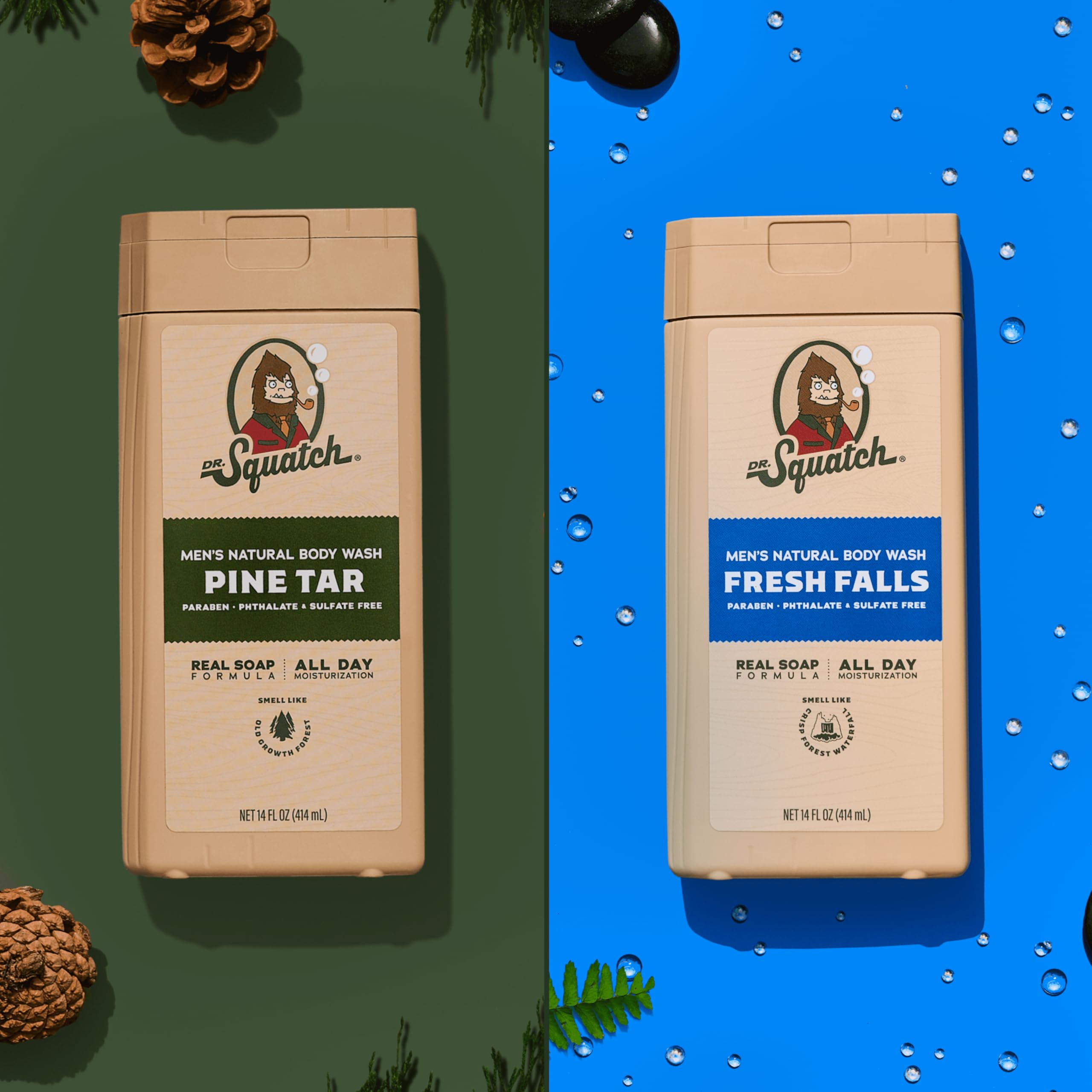 Dr. Squatch Natural Men's Body Wash - Exfoliating & Non-Exfoliating Options - Pine Tar & Fresh Falls Scent (14 oz, 2 Pack) - Refreshing Daily Shower & Post-Workout Cleanse for Men
