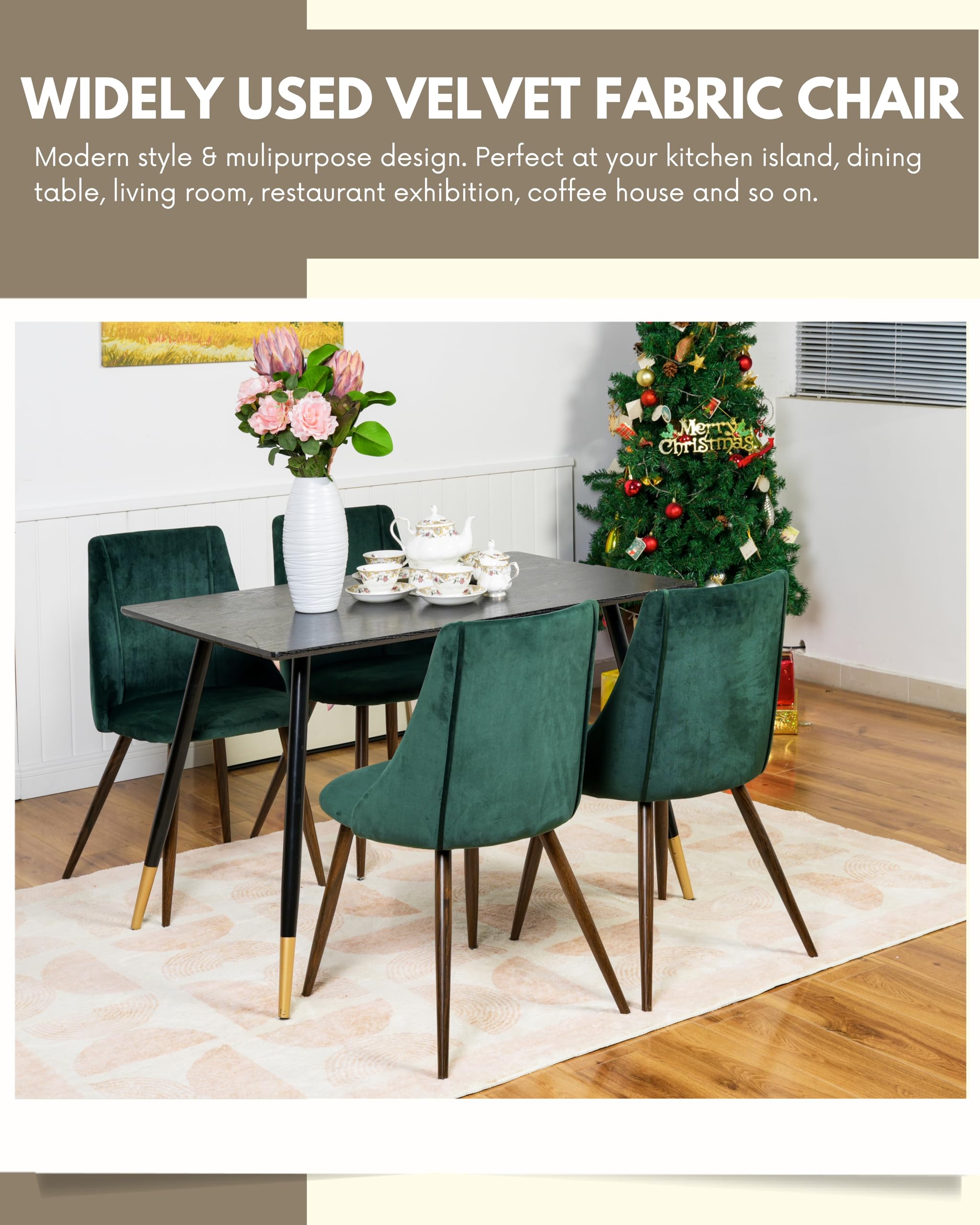 Luxury Velvet Dining Chairs Set of 2 - Modern Upholstered Kitchen Side Chairs with Soft Cushion & Sturdy Metal Legs - Elegant Accent Chairs for Home, Restaurant, or Cafe - Perfect for Dining Room, Kitchen Island, or Breakfast Nook - Green (2-Piece Set)