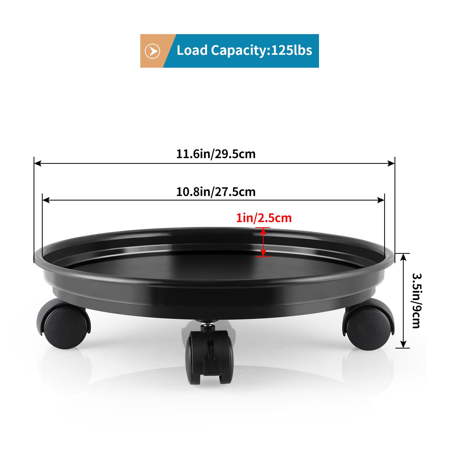 11.6 Inch Black Resin Plant Caddy with Wheels - Round Plant Pot Trolley & Mobile Plant Pallet for Indoor/Outdoor Gardening, Home Decor, and Easy Plant Movement