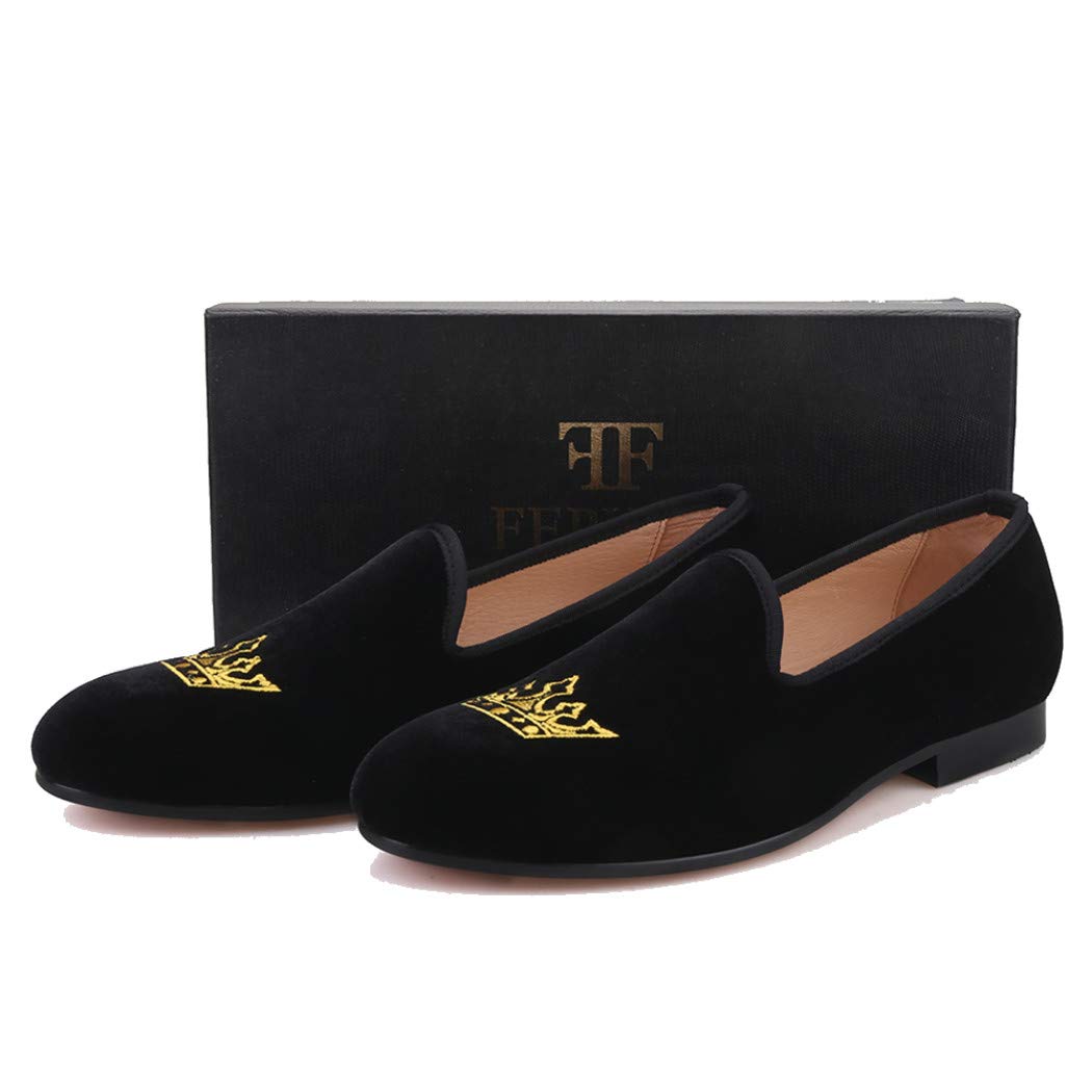 FERUCCI Men's Black Velvet Loafers with Gold Crown - Comfortable House Slippers for Wedding, Prom, Party & Formal Occasions