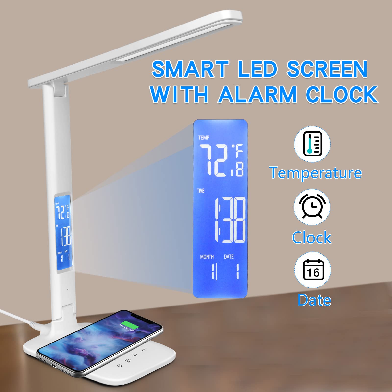 10W LED Desk Lamp with Wireless Charger & USB Port - Touch Control, Dimmable 3 Modes & 5 Brightness Levels - Adjustable Home Office Reading Light with Alarm Clock, Date & Temperature Display - Perfect for Study, Work & Nightstand Use (White)