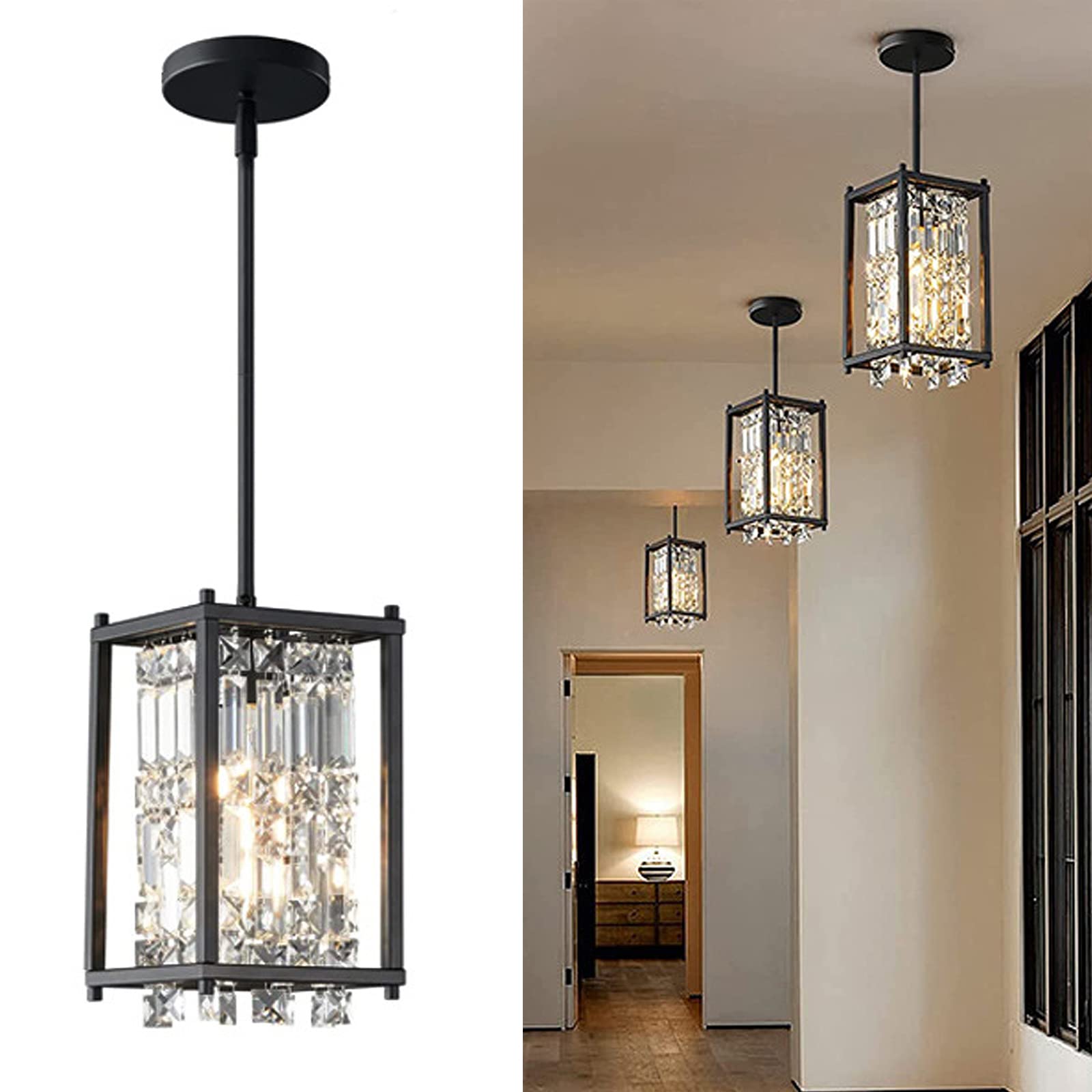 Modern Black K9 Crystal Chandelier - Adjustable Height Pendant Light for Dining Room, Kitchen Island, Farmhouse, Stairwell, Living & Bedroom | Semi Flush Mount Ceiling Fixture (1 Light) | Perfect for Home Decor, Interior Lighting & Dining Area Ambiance