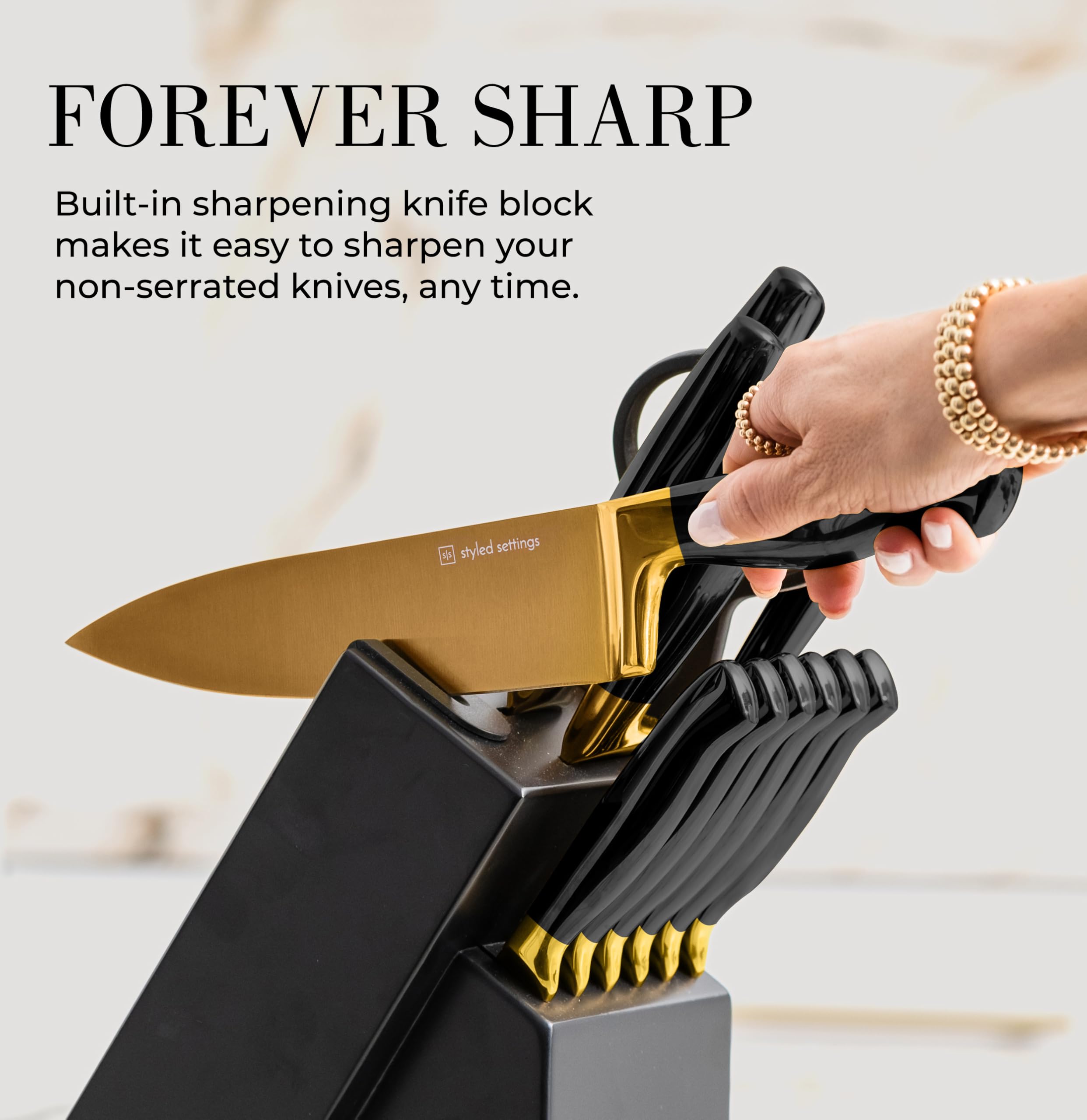 Premium 14-Piece Black & Gold Knife Set with Wooden Block & Built-in Sharpener - Full Tang Kitchen Knives for Cooking, Slicing & Food Prep - Luxury Gold Kitchen Accessories Gift Set for Chefs & Home Cooks - Perfect for Holiday Gifting, Wedding Registry & Professional Kitchens