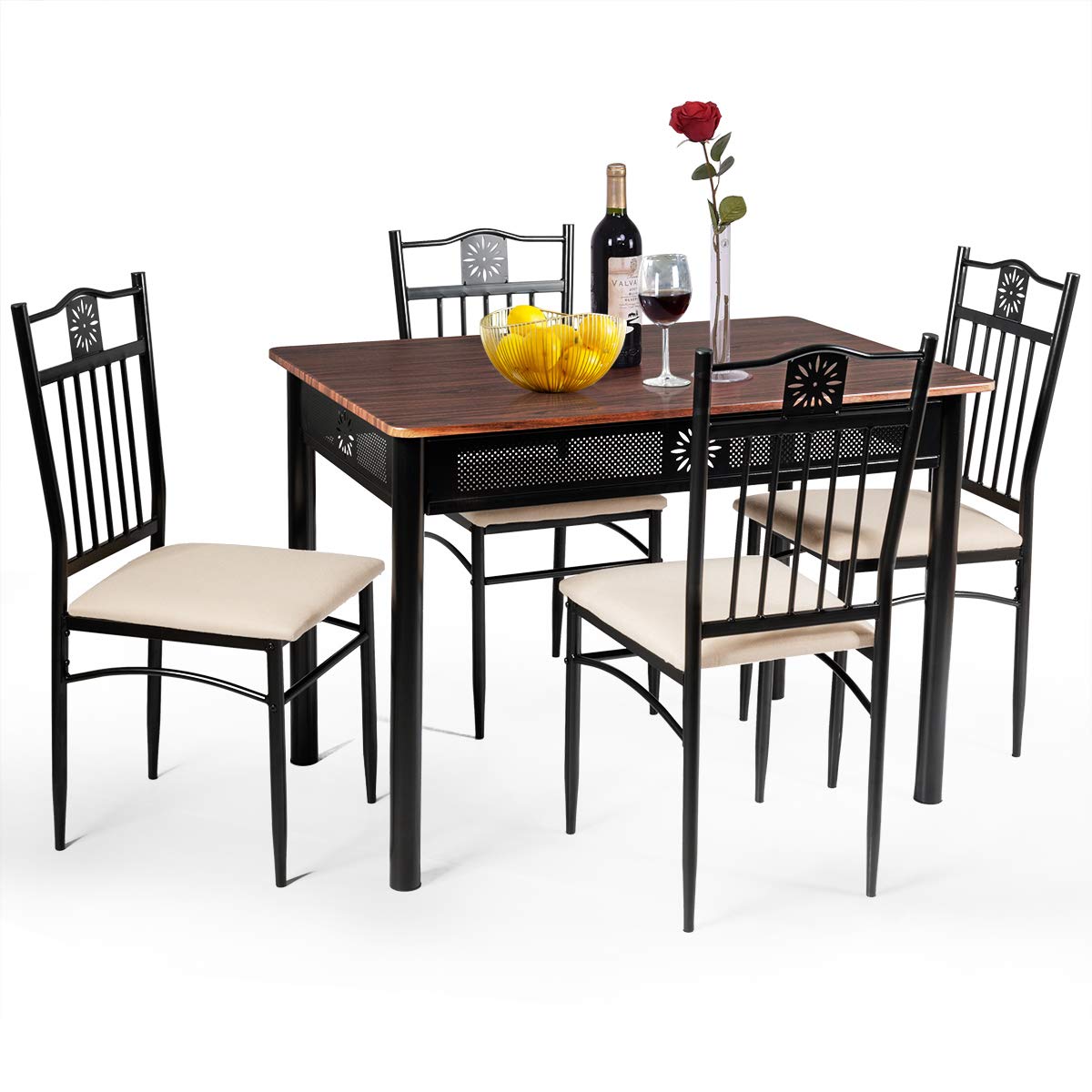 Tangkula 5-Piece Vintage Dining Set - Retro Wood Table with Metal Frame & Padded Chairs - Kitchen & Dining Room Furniture for Small Spaces, Apartments, Breakfast Nooks & Cozy Family Meals