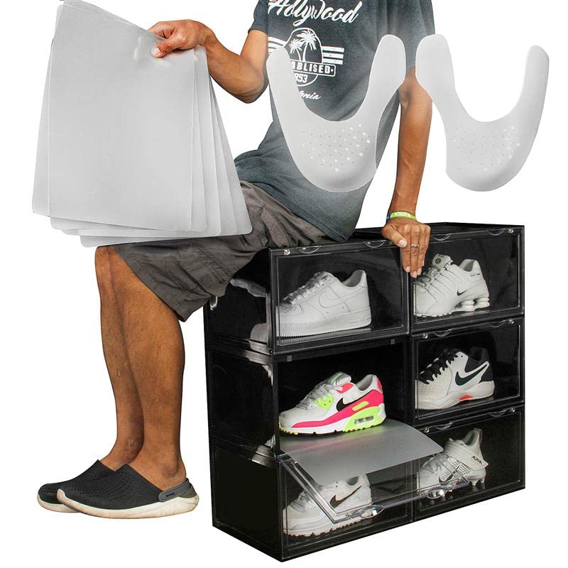 Letusto Premium Clear Plastic Shoe Storage Boxes - 6 Pack Stackable Sneaker Display Cases with Lids (Black) | Includes 6 Hygiene Pads & Shapers | Perfect for Sneaker Collection, Closet Organization & Shoe Protection