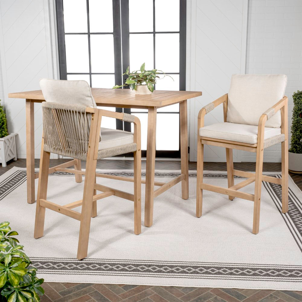Porto Modern Coastal 3-Piece Acacia Wood Outdoor Bar Set with Weather-Resistant Cushions - Patio, Deck, Poolside & Backyard Dining Furniture for Entertaining