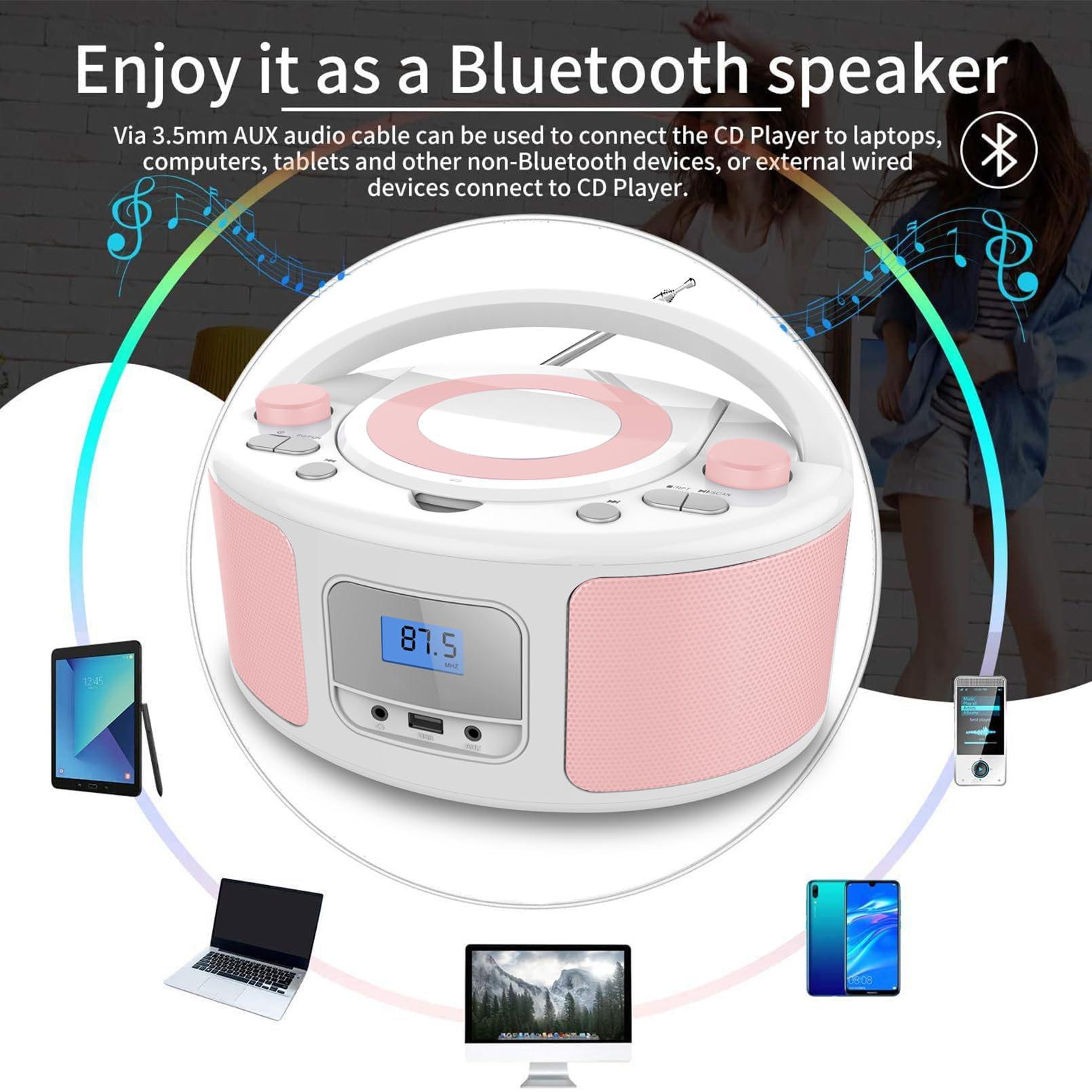 Portable Bluetooth CD Player Boombox with FM Radio, Remote Control, USB & AUX Input - Plays CD-R/CD-RW/MP3/WMA - AC/Battery Powered (WTB-791) - Perfect for Home, Office, Travel & Outdoor Parties