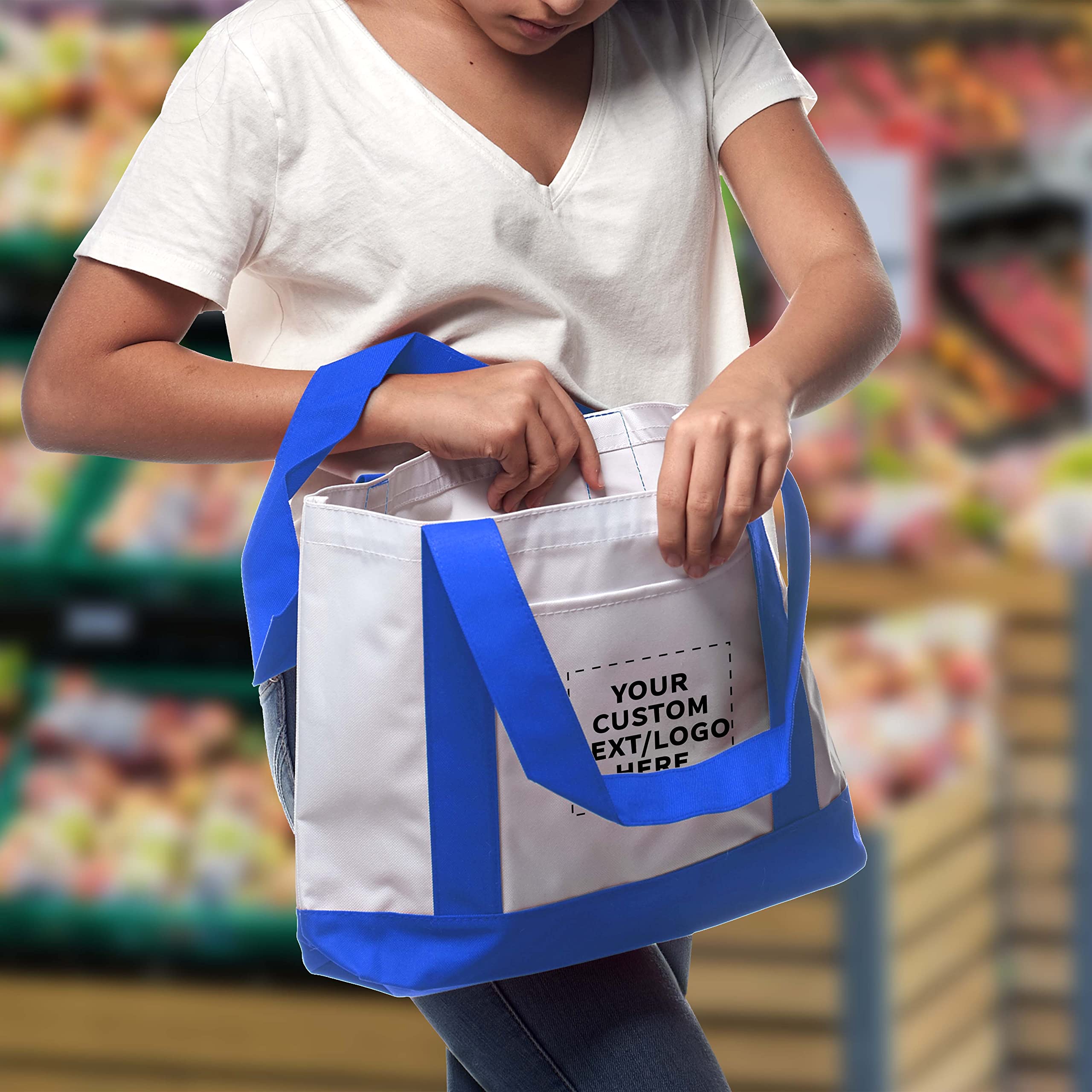 50 Pack Customizable Canvas Tote Bags with Reinforced Straps & Front Pocket - Bulk Polyester Shoulder Bags for Promotions, Events, Retail & Business Branding - Fashionable Blue Design for Shopping, Beach & Everyday Use