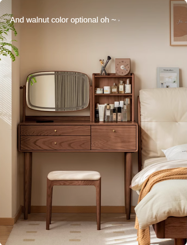Solid Oak & Ash Wood Dressing Table with LED Lighted Makeup Mirror - Perfect for Bedroom Vanity, Makeup Application & Home Decor