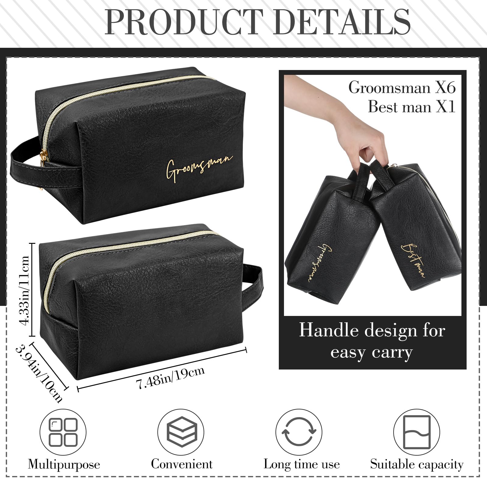 Amylove 7-Piece Men's Toiletry Bag Set - PU Leather Groomsmen Gift with Zipper & Bowknot - Best Man Wedding Proposal Accessories - Includes Greeting Card (Black) - Perfect for Bachelor Parties, Honeymoons & Travel Essentials