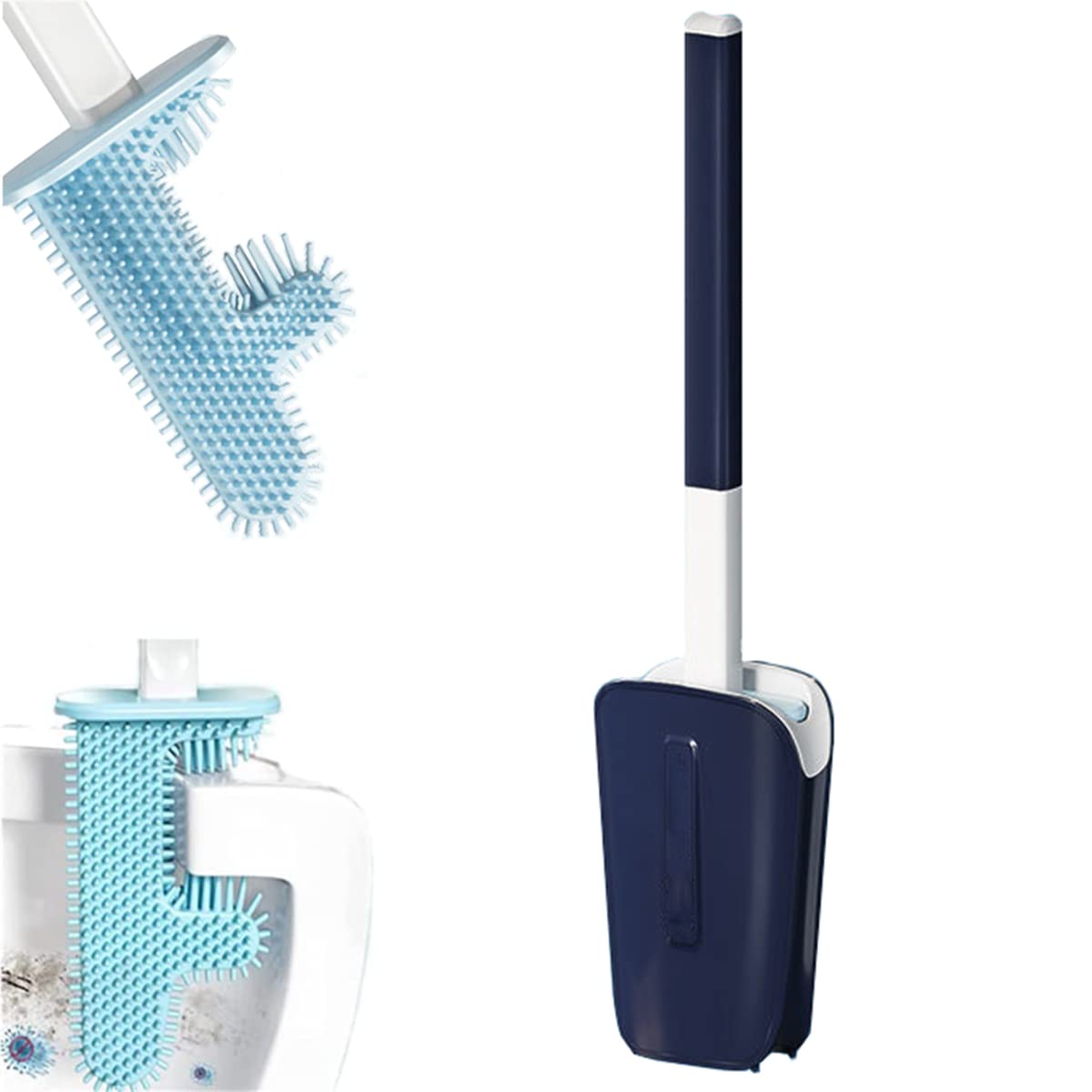 Flexible Silicone Toilet Brush with Holder - No Dead Corner F-Shaped Toilet Bowl Cleaner, Long Handle Bathroom Cleaning Tool for Easy Reach (Blue) | Perfect for Small Spaces, Tight Corners & Hygienic Toilet Cleaning