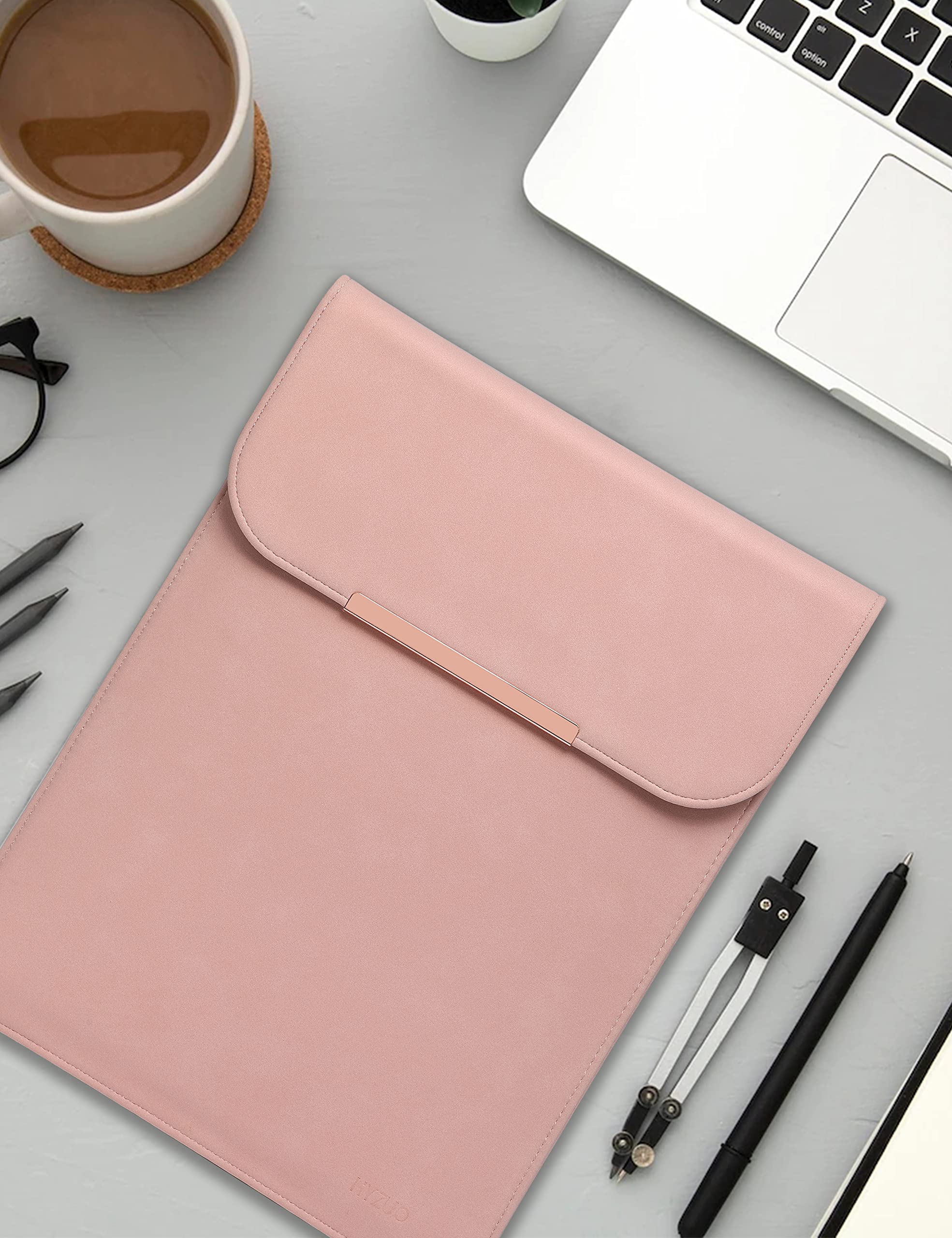 HYZUO 15-16 Inch Laptop Sleeve Bag for MacBook Pro 16 M2/M1 Pro/Max (2023-2019), MacBook Pro 15 (2019-2012), Dell XPS 15 - Premium Faux Suede Leather Case with Rose Gold Metal Trim in Pink | Protective Computer Sleeve for Work, Travel & School