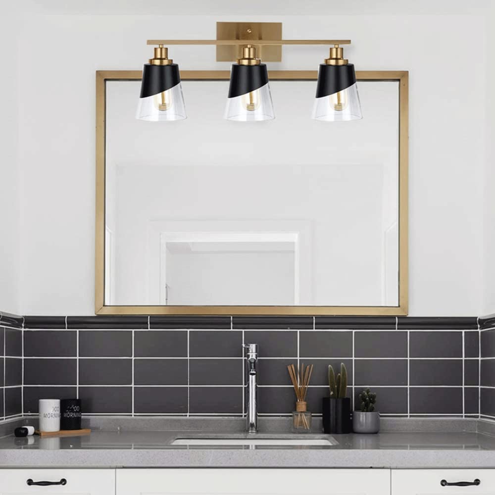 Vintage Black and Gold Vanity Lighting Fixture - 23.6 Inch Bathroom Mirror Light with Beveled Edge & Clear Glass Shade (3 Lights) - Perfect for Bathroom, Dressing Room, and Makeup Area Lighting
