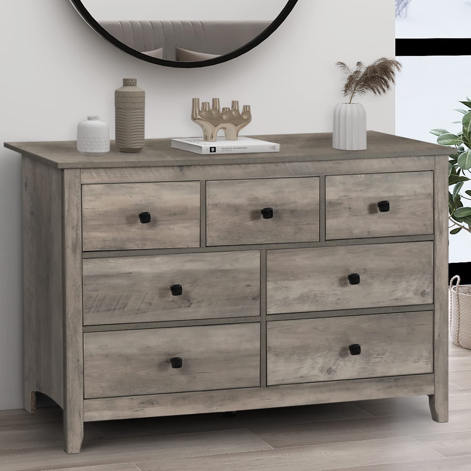 Vikiullf 3-Piece Bedroom Dresser and Nightstand Set - 7-Drawer Wood Dresser & 1-Drawer Nightstands, Grey Wood Grain Finish - Perfect for Master Bedroom, Guest Room, and Apartment Furniture