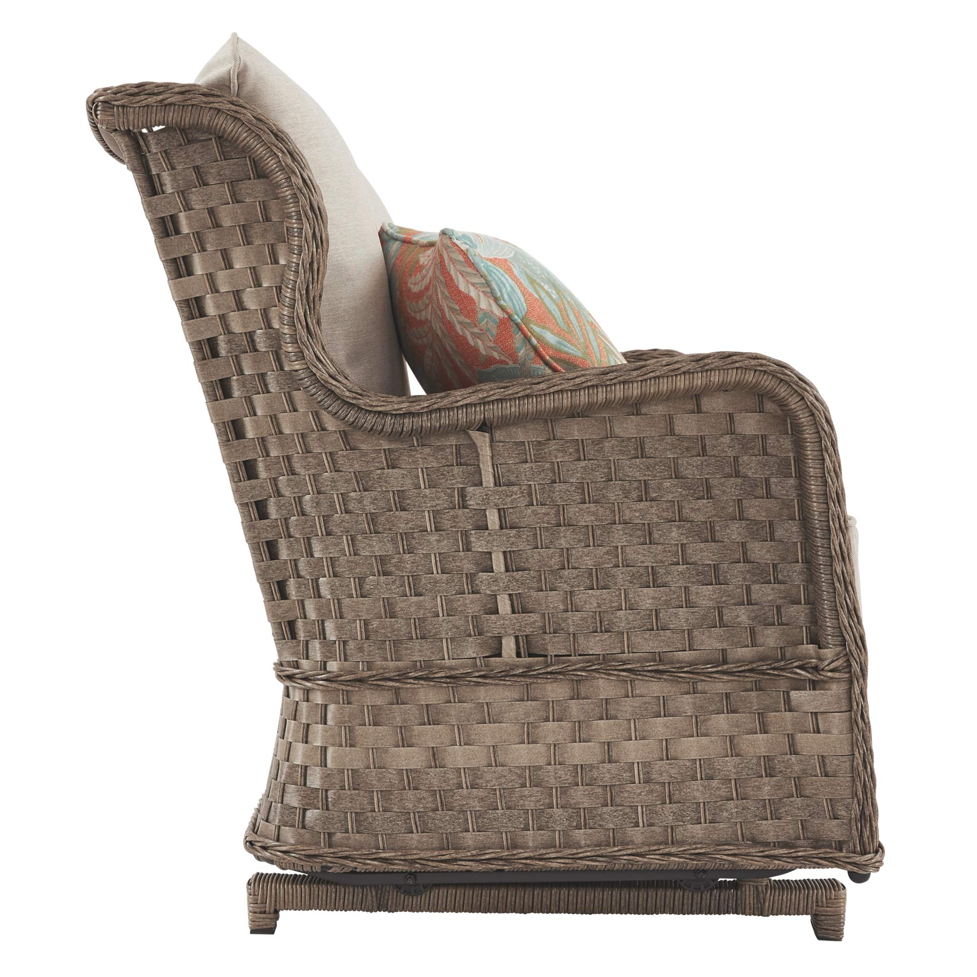 Signature Design by Ashley Clear Ridge Outdoor Handwoven Wicker Loveseat Glider with Cushions & 2 Throw Pillows, Light Brown - Perfect for Patio, Garden, or Poolside Relaxation