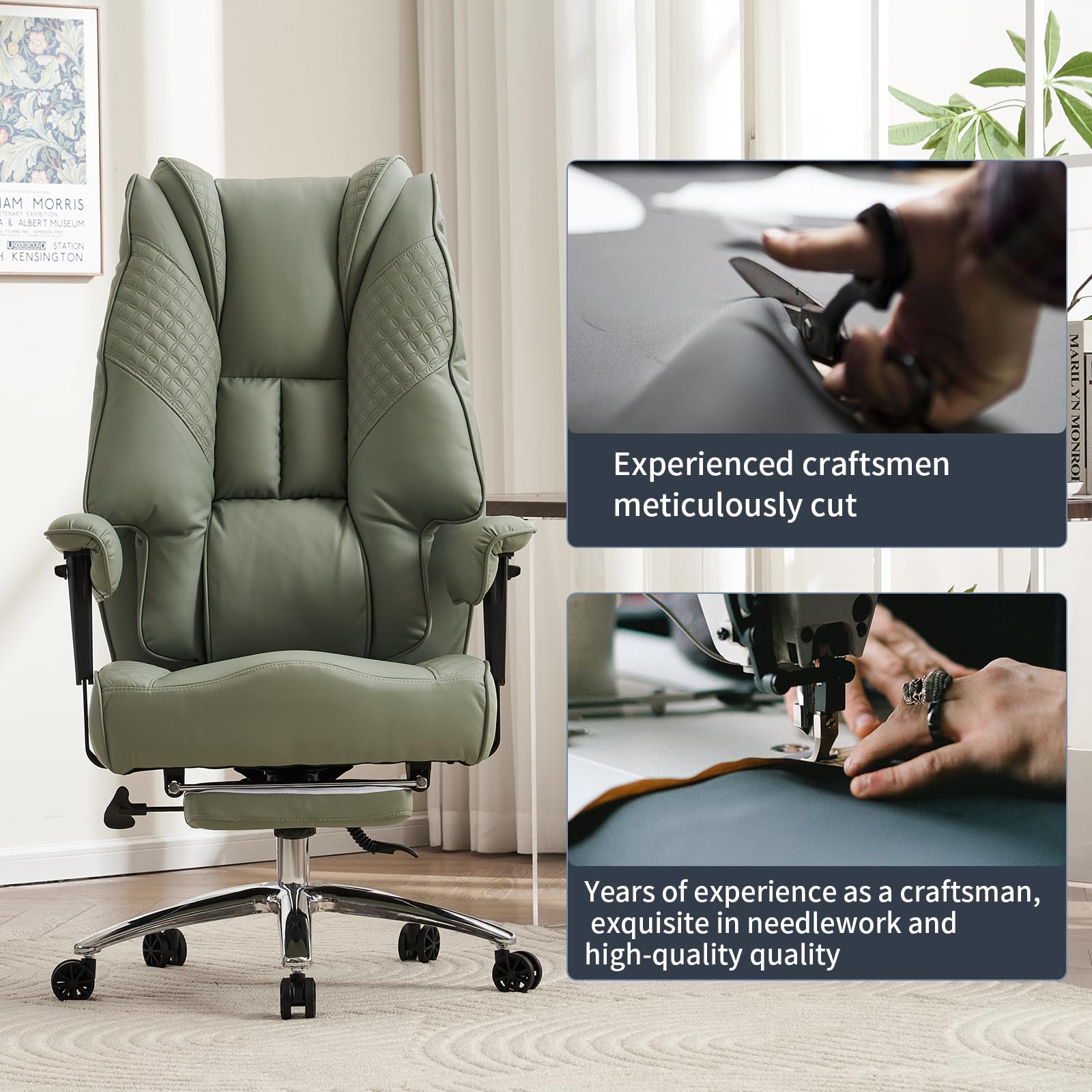 Big and Tall Office Chair 400lbs Capacity - Wide Seat Leather Executive Chair with Adjustable Footrest & Lumbar Support - Ergonomic High Back Desk Chair for Back Pain Relief (Light Green) - Perfect for Home Office, Gaming, and Long Work Sessions