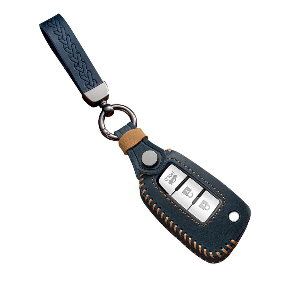 Premium Leather Key Fob Cover Case for Nissan Rogue Sport/Rogue S/Rogue Select (2018-2019) - Compatible with Sylphy, Pulsar, Frontier - Folding Flip Key Protector for 2/3/4 Button Keyless Entry - Durable Blue Keychain Holder (Perfect for Car Enthusiasts & Daily Protection)
