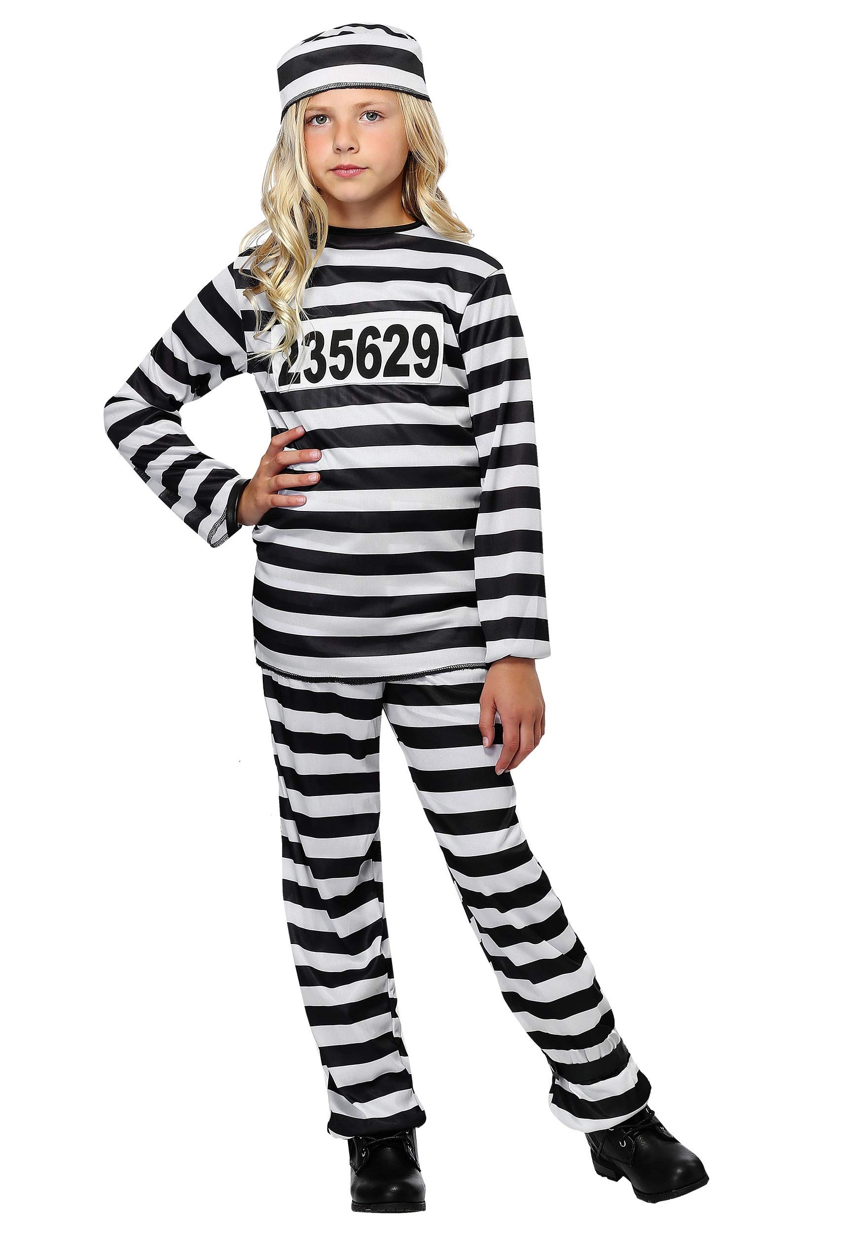 Girl's Prisoner Costume - Kids Prison Uniform Outfit for Halloween Dress Up, Cosplay & Themed Parties | Orange Jumpsuit with Black Stripes