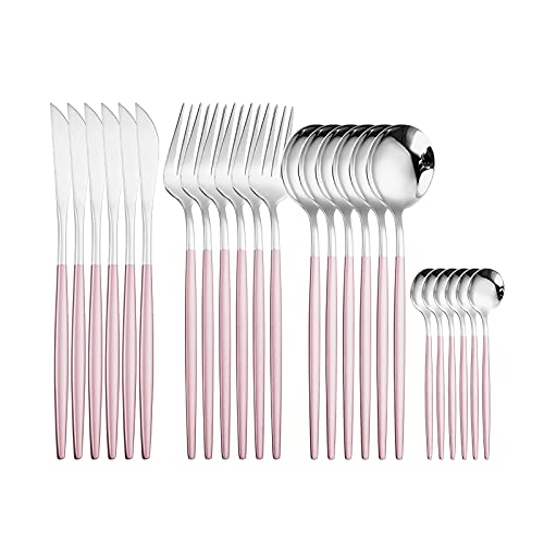 24-Piece Stainless Steel Flatware Set - Rainbow Silverware Cutlery Set with Forks, Spoons & Knives for Dining, Kitchen & Entertaining (Pink Silver, 6 Sets) - Perfect for Dinner Parties, Restaurants & Everyday Use