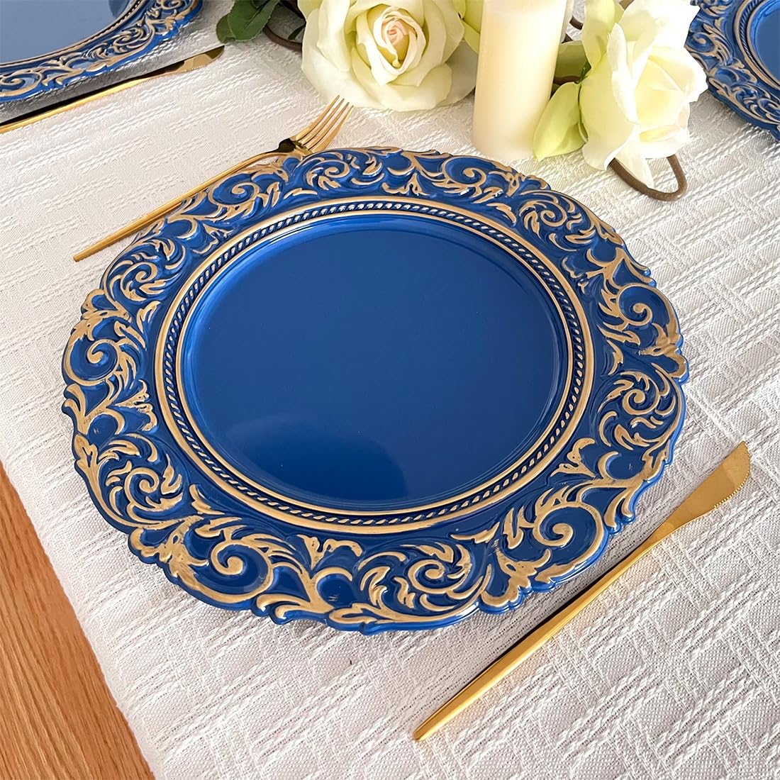 Antique Gold Rim Charger Plates - Set of 6 Royal Blue 13 Inch Round Plastic Embossed Dinner Chargers for Wedding, Party & Elegant Table Decor | Perfect for Formal Dining, Holiday Entertaining & Special Occasions
