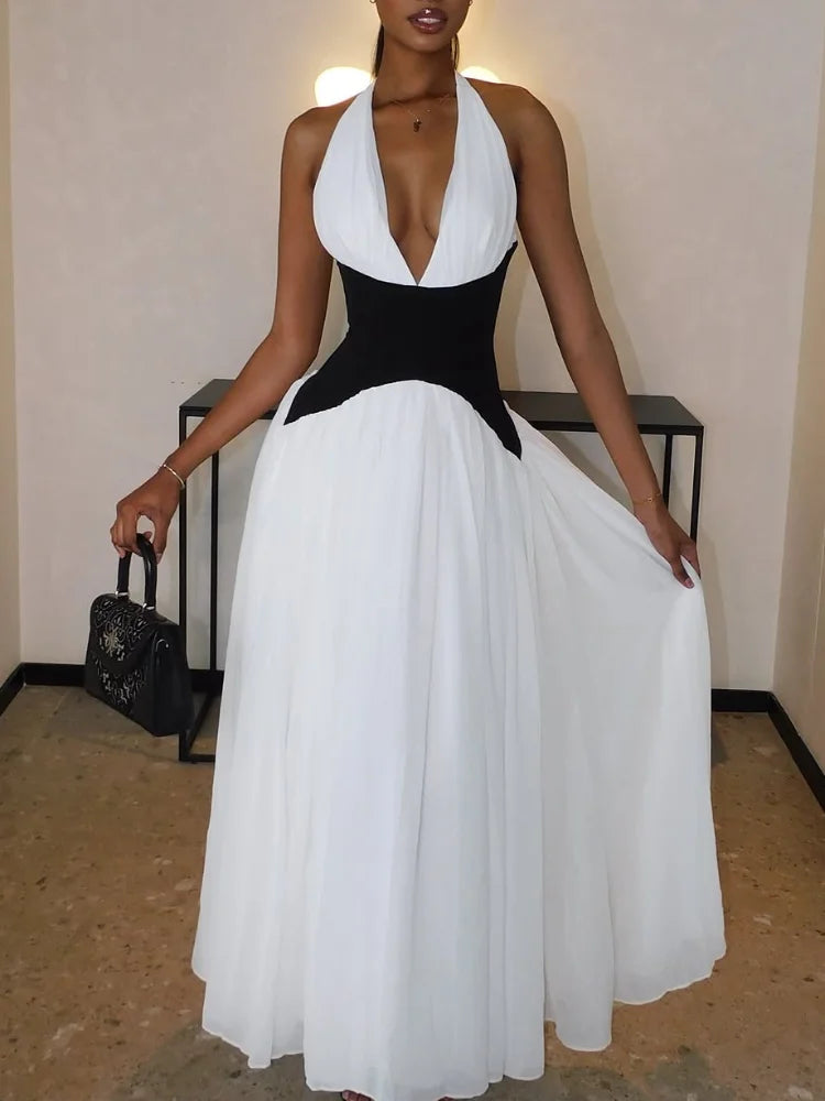 Elegant Contrasting Women's Long Dresses - Sexy V-Neck High Waist A-Line Midi Vestidos for Summer, Evening & Club Wear - Sleeveless Ladies Formal Robes for Parties, Weddings & Night Out