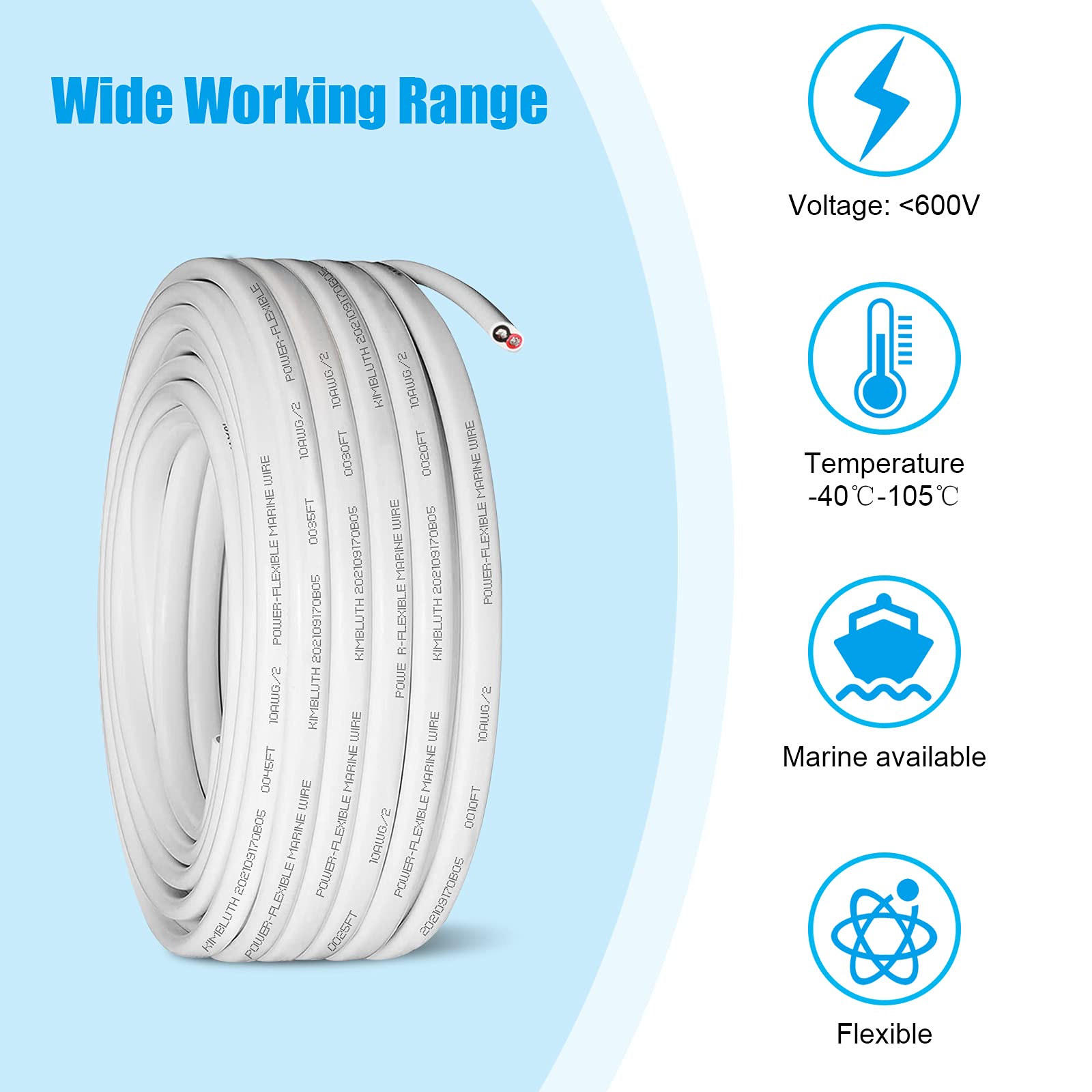 10 Gauge Duplex Marine Wire Tinned Copper Boat Cable - 70ft 10 AWG Oxygen Free Copper (OFC) for Automotive, Boat Speakers & Solar Systems - Waterproof, Corrosion-Resistant for Outdoor & Marine Applications