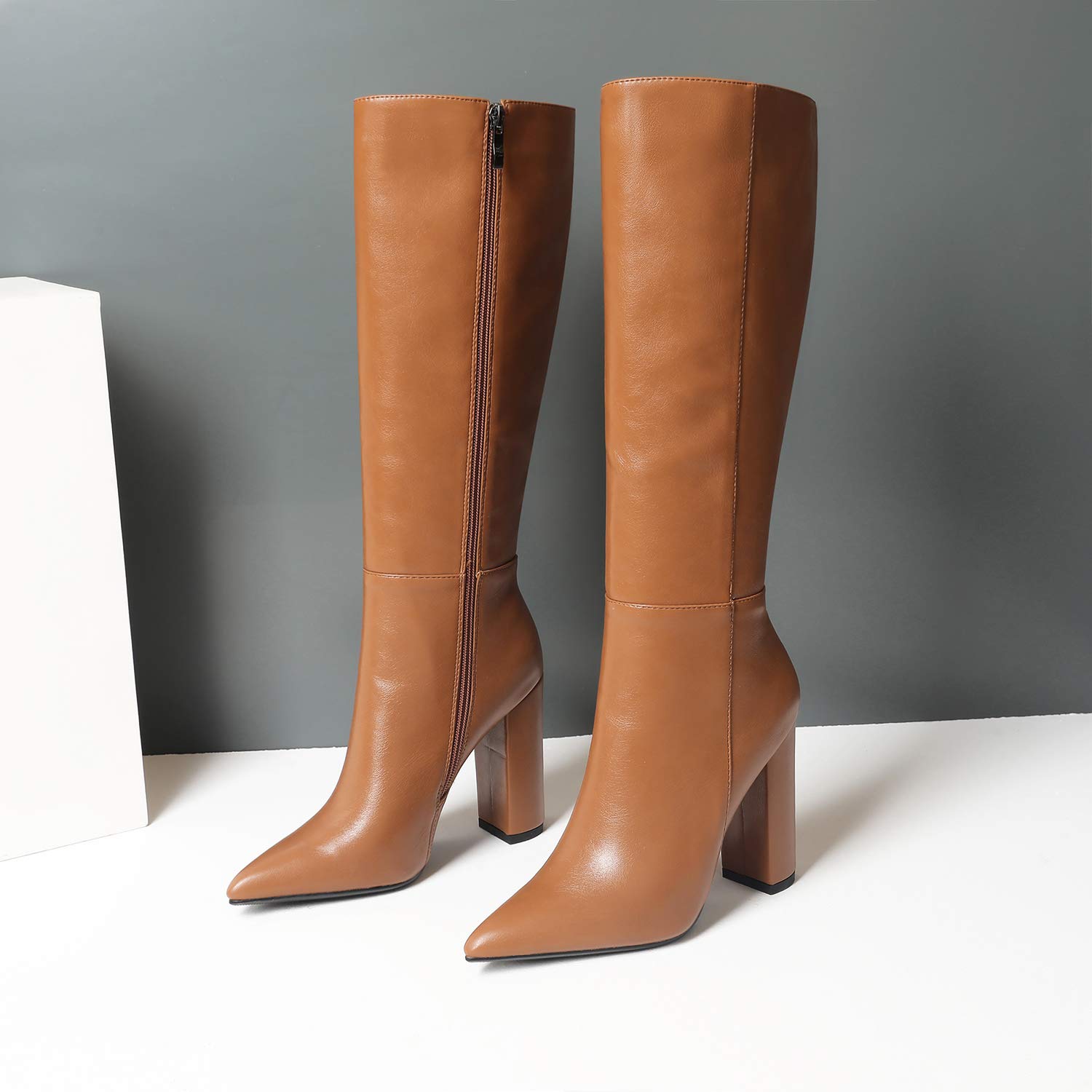 LEHOOR Women's Knee High Boots with Chunky Heel - Pointed Toe Side Zipper Dress Boots for Women US Size 4-11 | Sexy High Heel Booties for Party, Office & Night Out