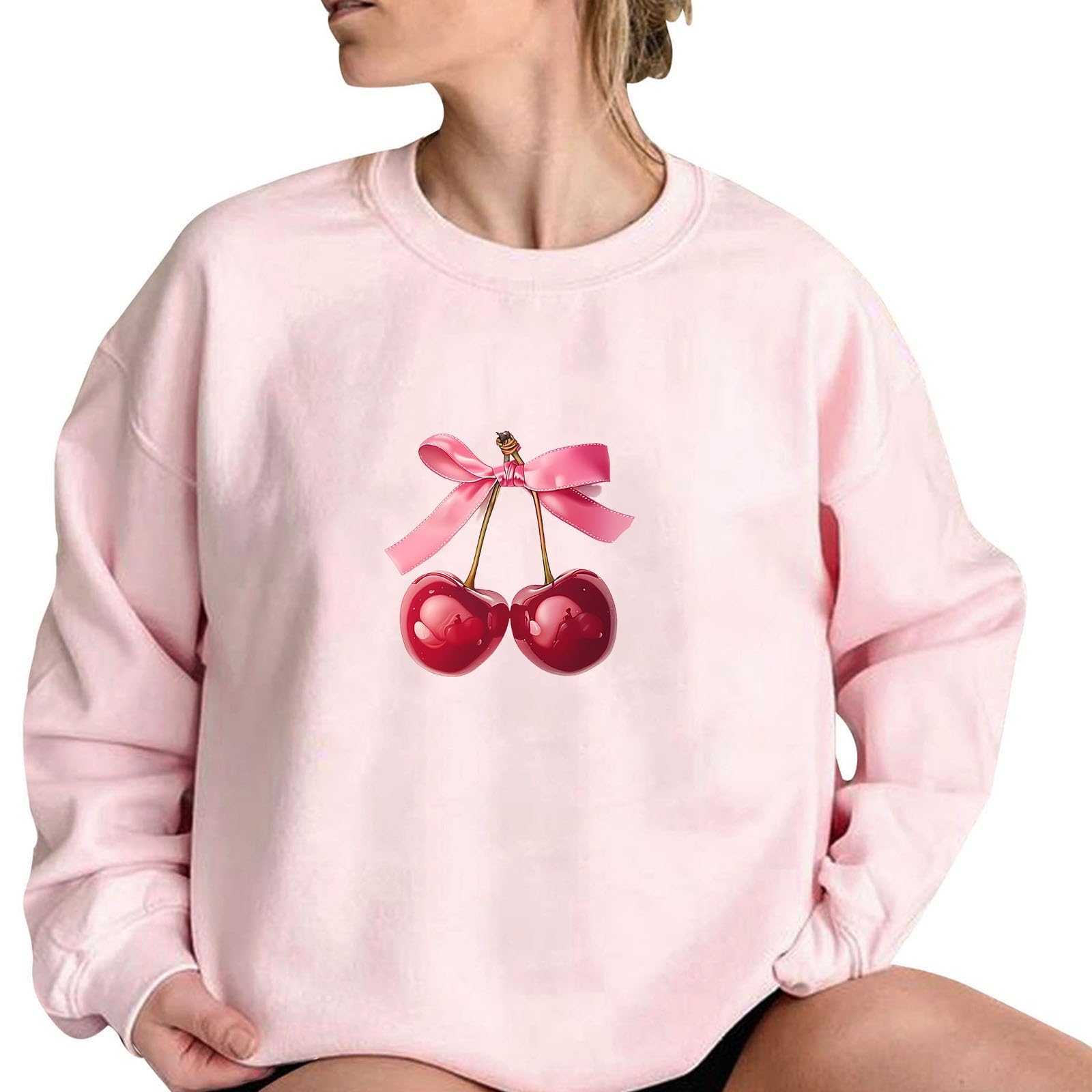 Women's Akklian Cute Cherry Bow Print Long Sleeve Kawaii Pullover - Oversized Loose Pink Sweatshirt for Teen Girls, Perfect for Casual Wear, School, and Weekend Outings
