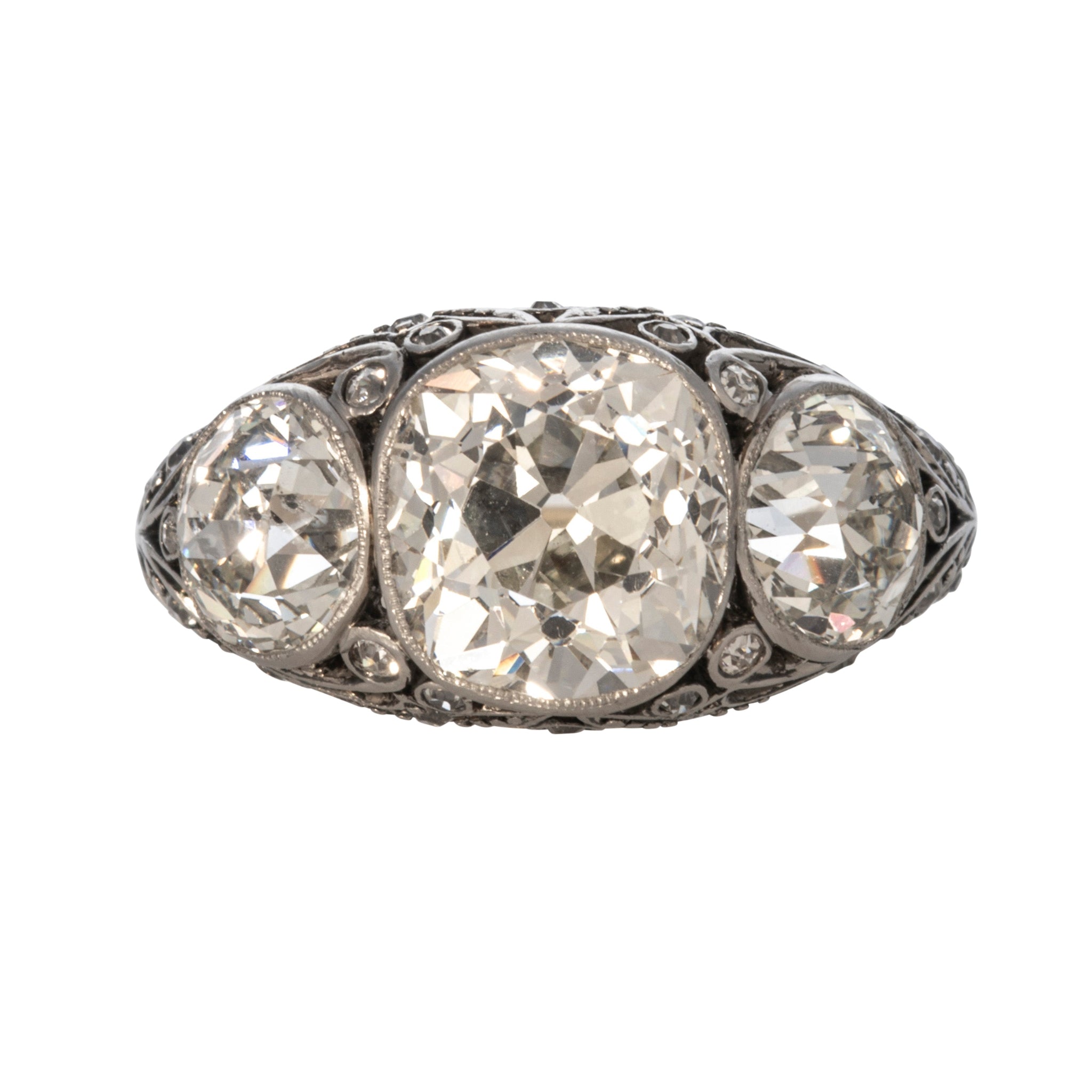 Edwardian Diamond Three Stone Platinum 18K Gold Dome Ring - Vintage Engagement Wedding Jewelry for Brides & Anniversary Gifts