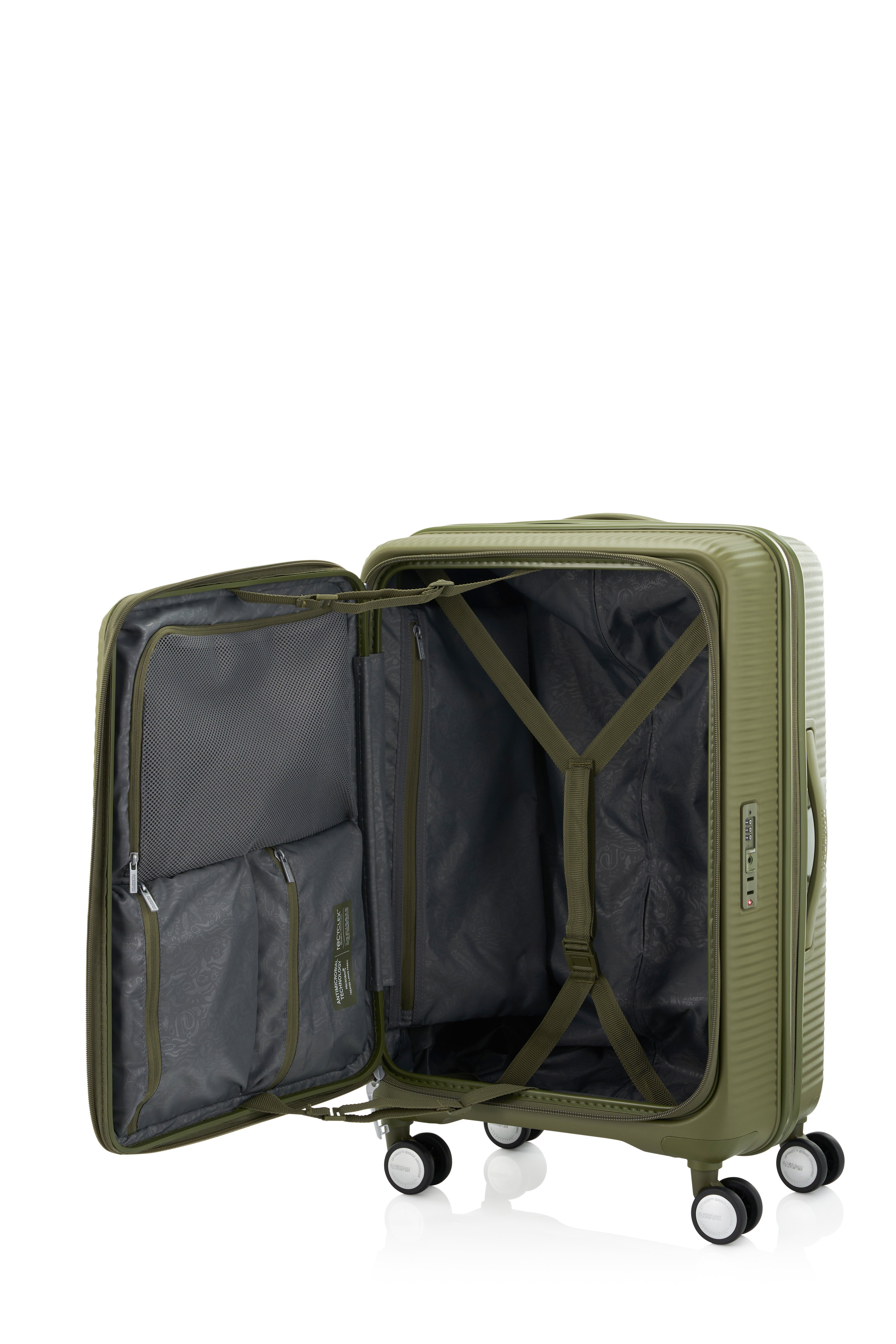 American Tourister 75cm Curio Book Opening Suitcase - Lightweight Spinner Luggage with 360° Wheels, Perfect for Business Travel & Weekend Getaways (Khaki)