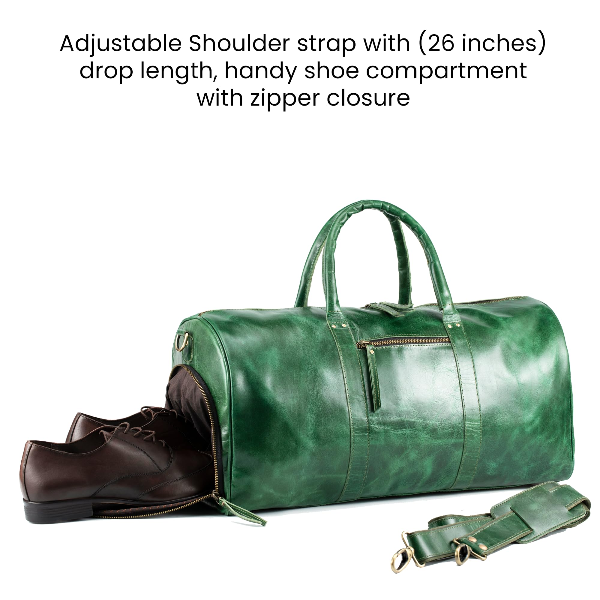 Premium Handmade Full Grain Buffalo Leather Weekender Bag - Durable Travel Duffel for Gym, Sports & Overnight Trips - Spacious Tote with Shoe Compartment - Ideal for Men & Women (Green) - Perfect for Business Travel, Weekend Getaways & Gym Workouts