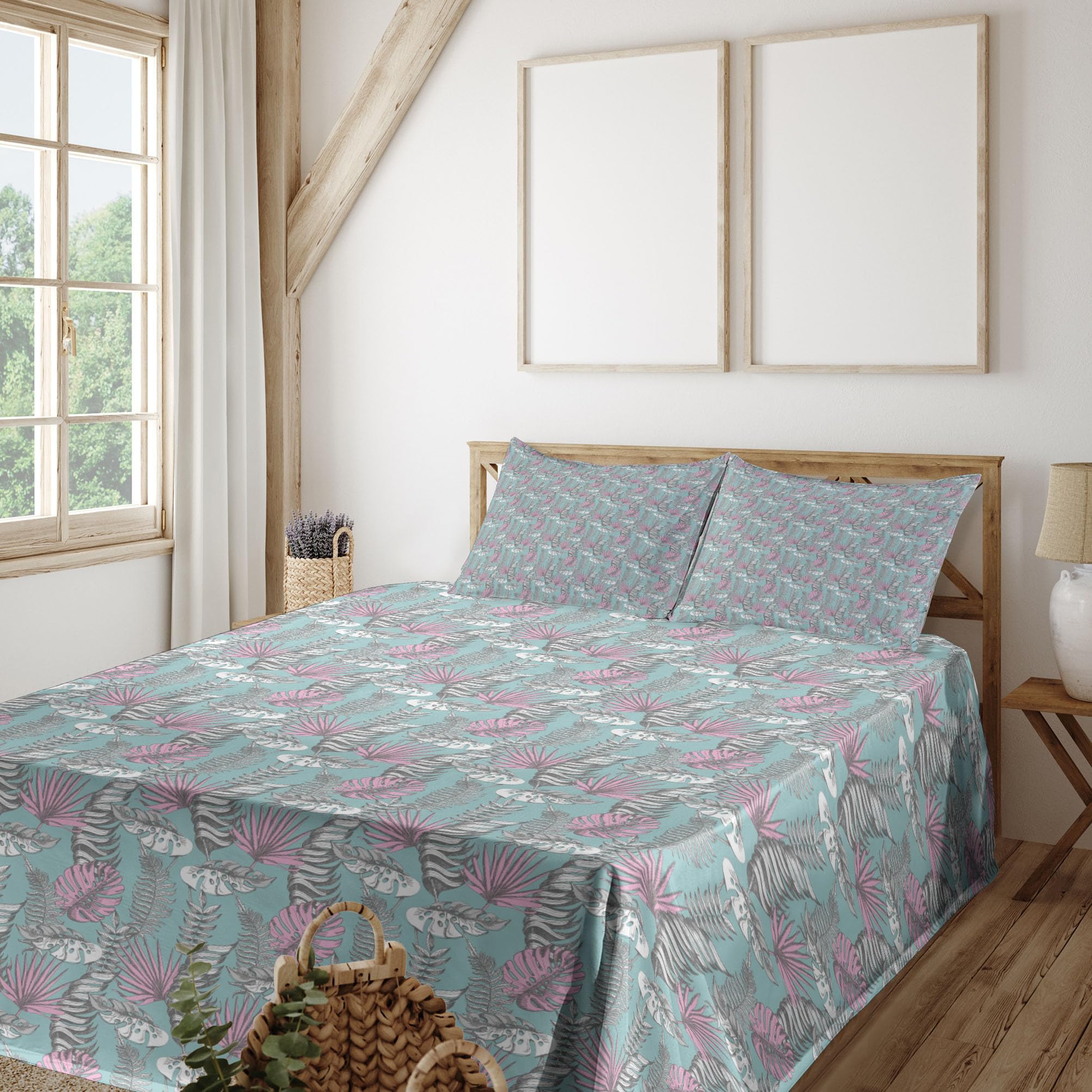 Ambesonne Tropical Hawaiian Leaves Bed Sheet Set - 4 Piece King Size with Fitted Sheet, Flat Sheet & Pillowcases - Exotic Foliage Design in Pale Seafoam & Pink - Perfect for Beach House, Tropical Theme Bedroom or Vacation Home Decor
