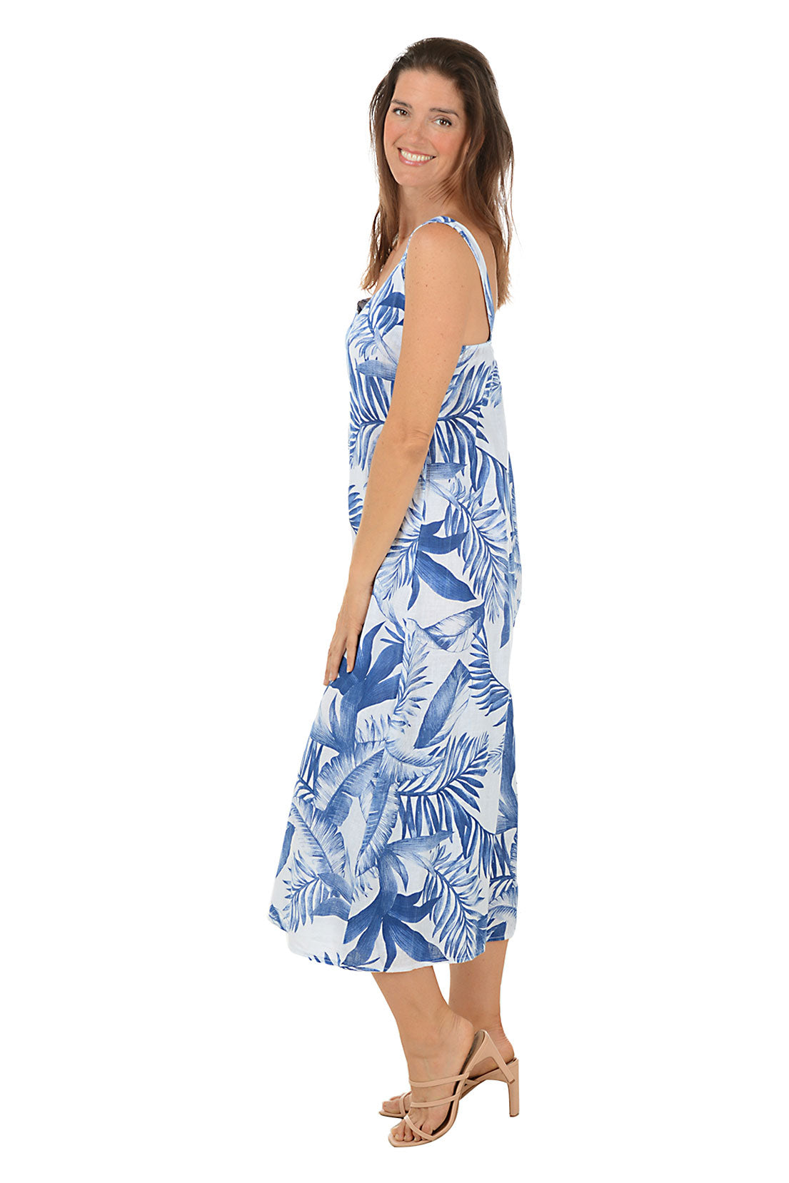 Blue Leaves Linen Sleeveless Jumpsuit for Women - Summer Casual Romper with Pockets - Perfect for Beach, Vacation & Outdoor Activities