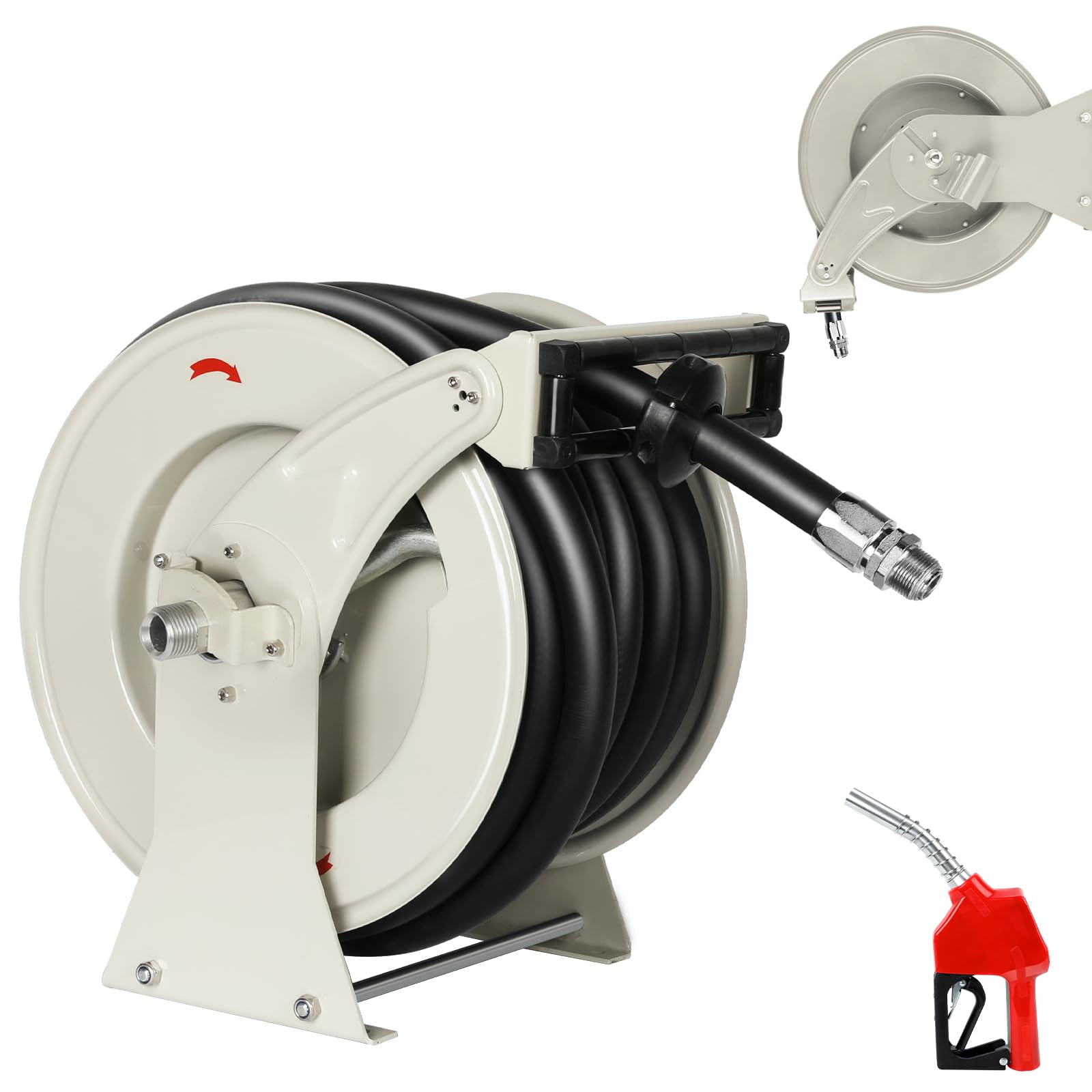 1 Inch Heavy Duty Retractable Fuel Hose Reel - 50ft Diesel Fuel Hose with Nozzle, 300 PSI Spring Driven Autoswing for Fast Pumping - Ideal for Tank Trucks, Boats, Air Vehicles & Automotive Use
